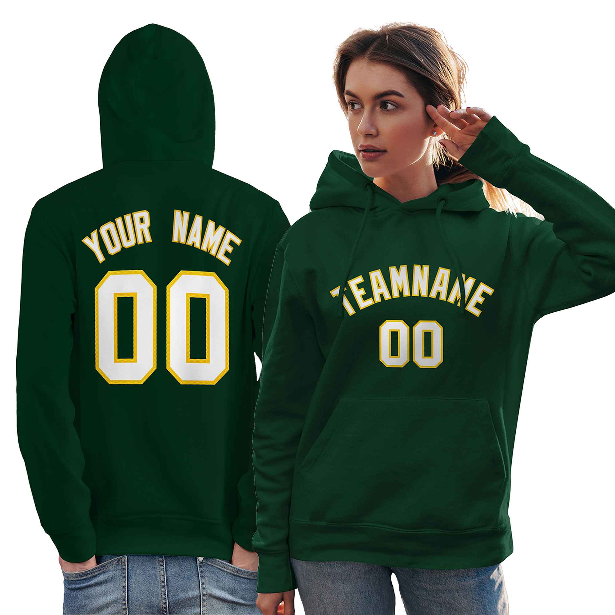 Custom Kelly Green White-Gold Classic Style Personalized Sport Pullover Hoodie