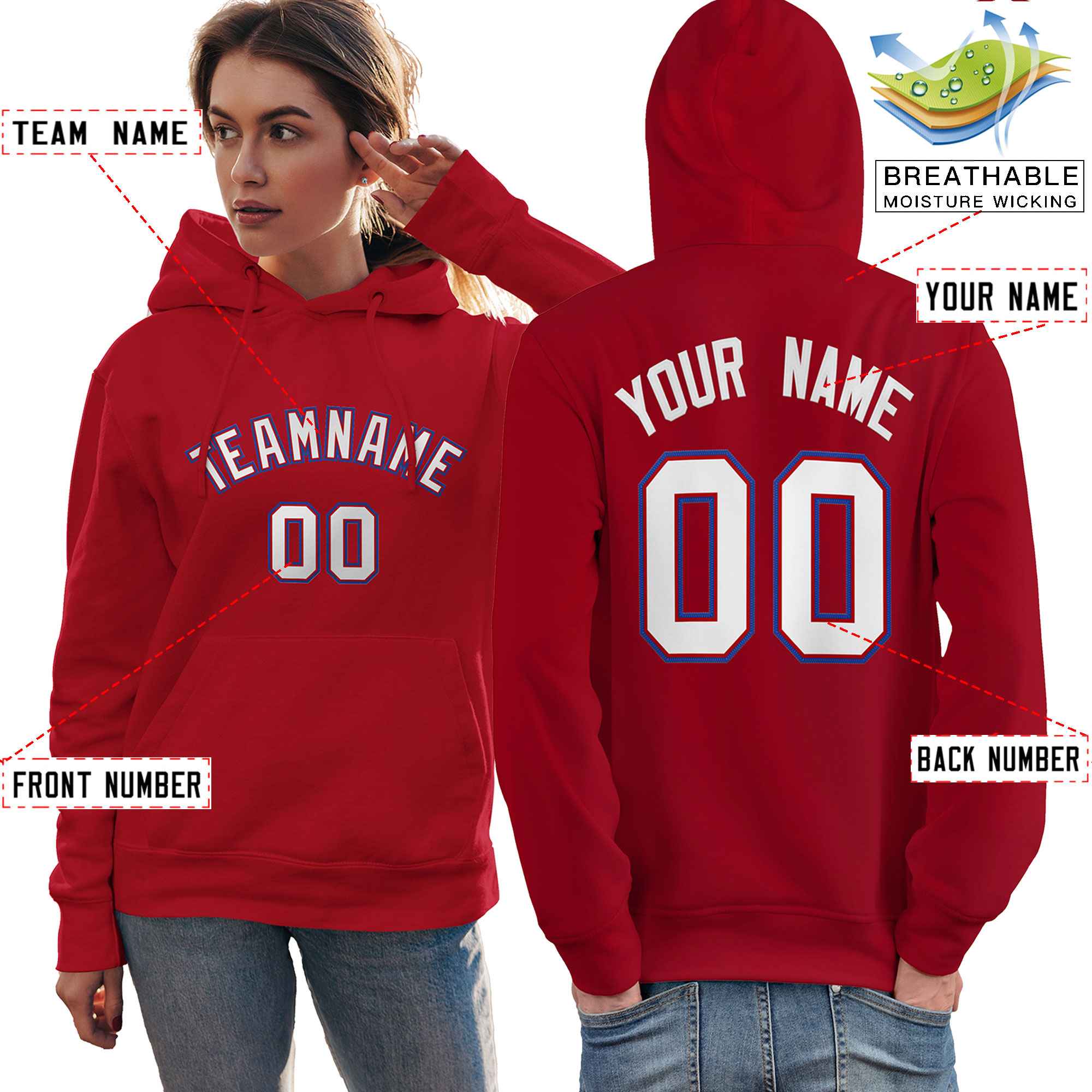 Custom Red White-Royal Classic Style Personalized Sport Pullover Hoodie