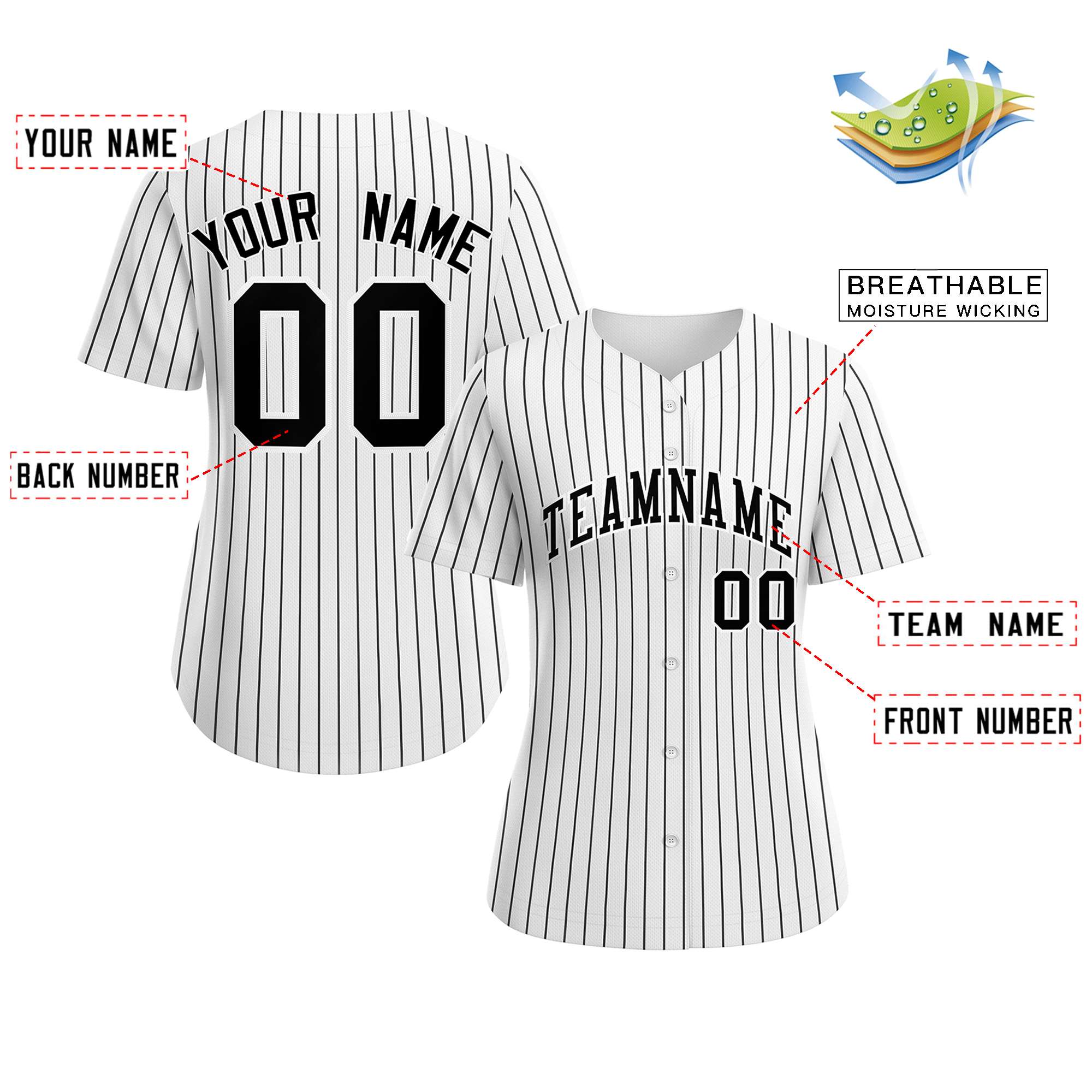 Maillot de baseball personnalisé à rayures noires et blanches pour femmes