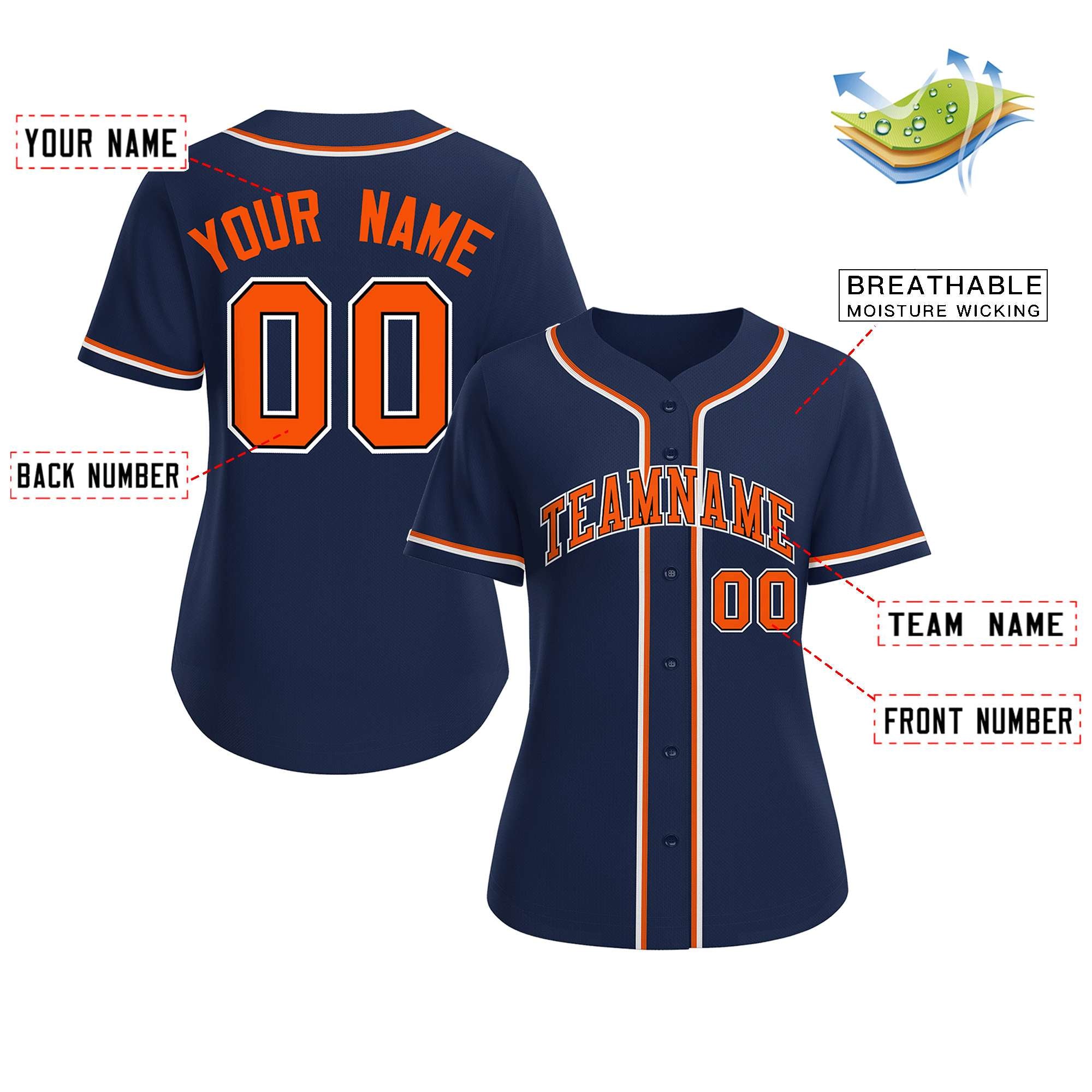 Maillot de baseball de style classique personnalisé bleu marine orange-noir pour femmes