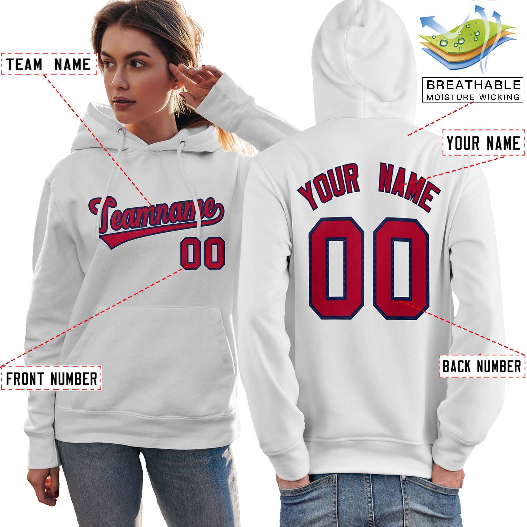 Custom White Red-Navy Classic Style Personalized Sport Pullover Hoodie