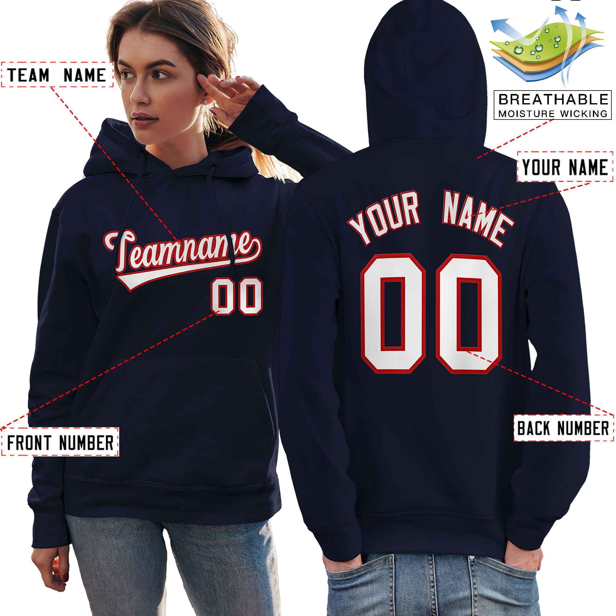 Custom Navy Red-White Classic Style Personalized Sport Pullover Hoodie