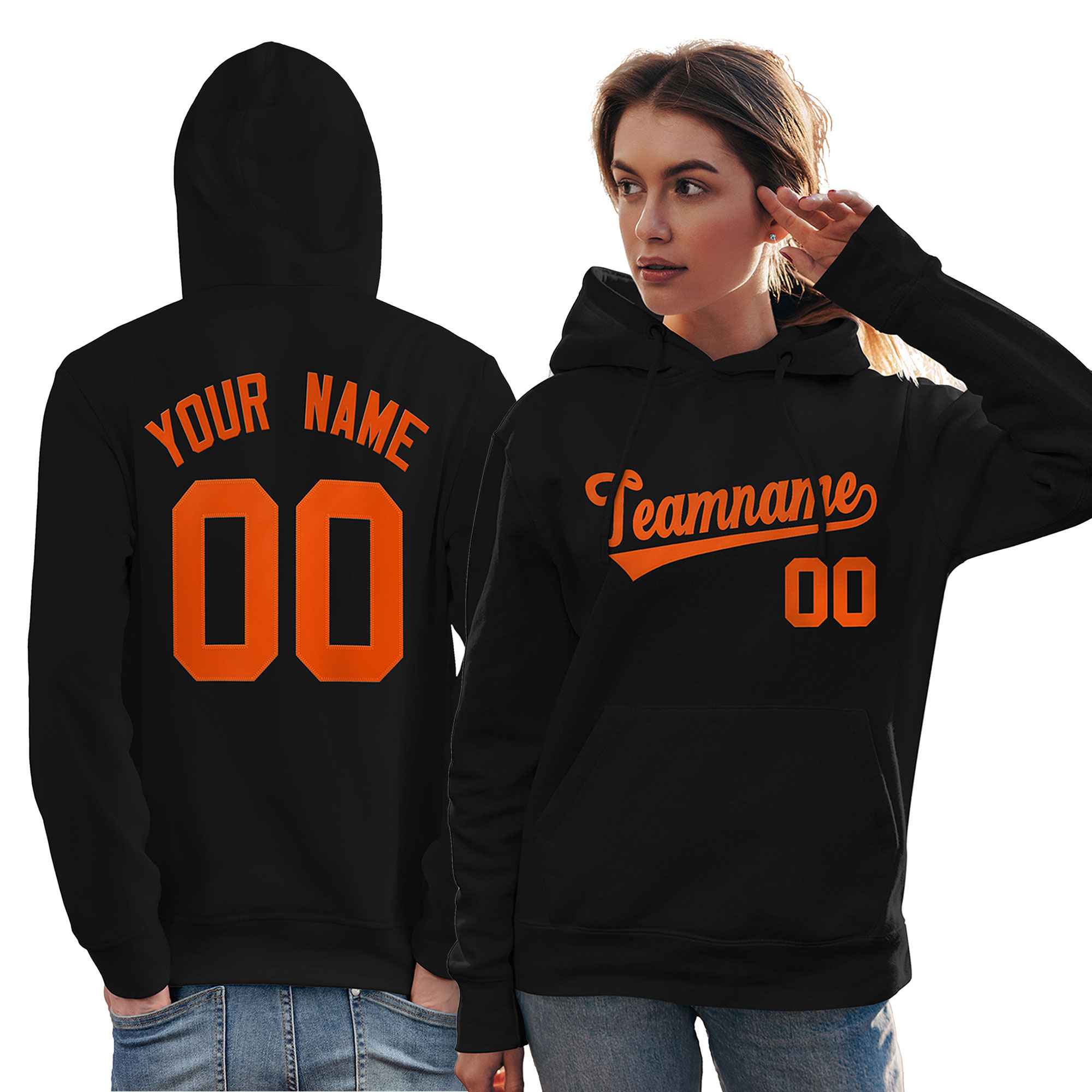 Custom Black Orange Classic Style Personalized Sport Pullover Hoodie