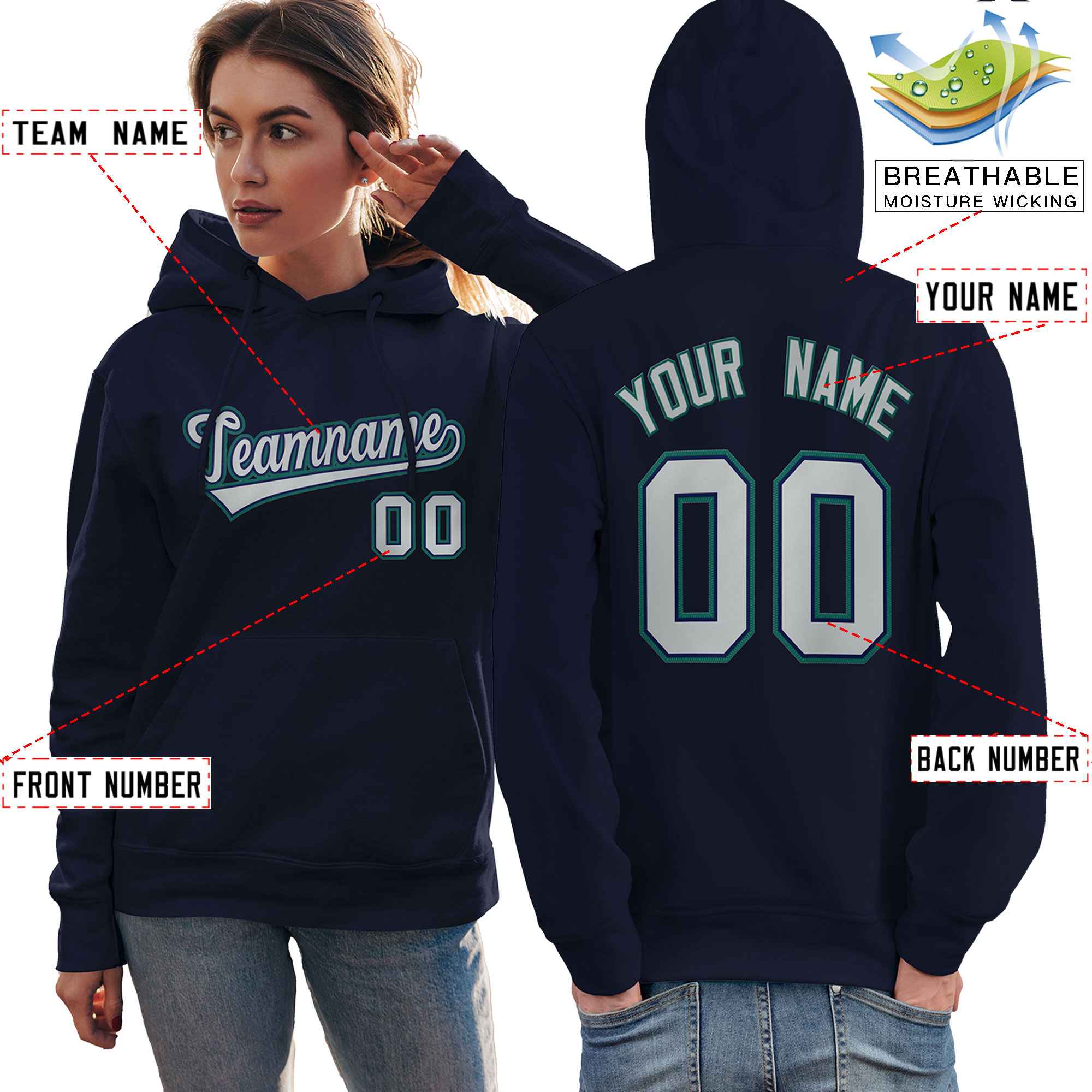 Custom Navy Gray-Aqua Classic Style Personalized Sport Pullover Hoodie