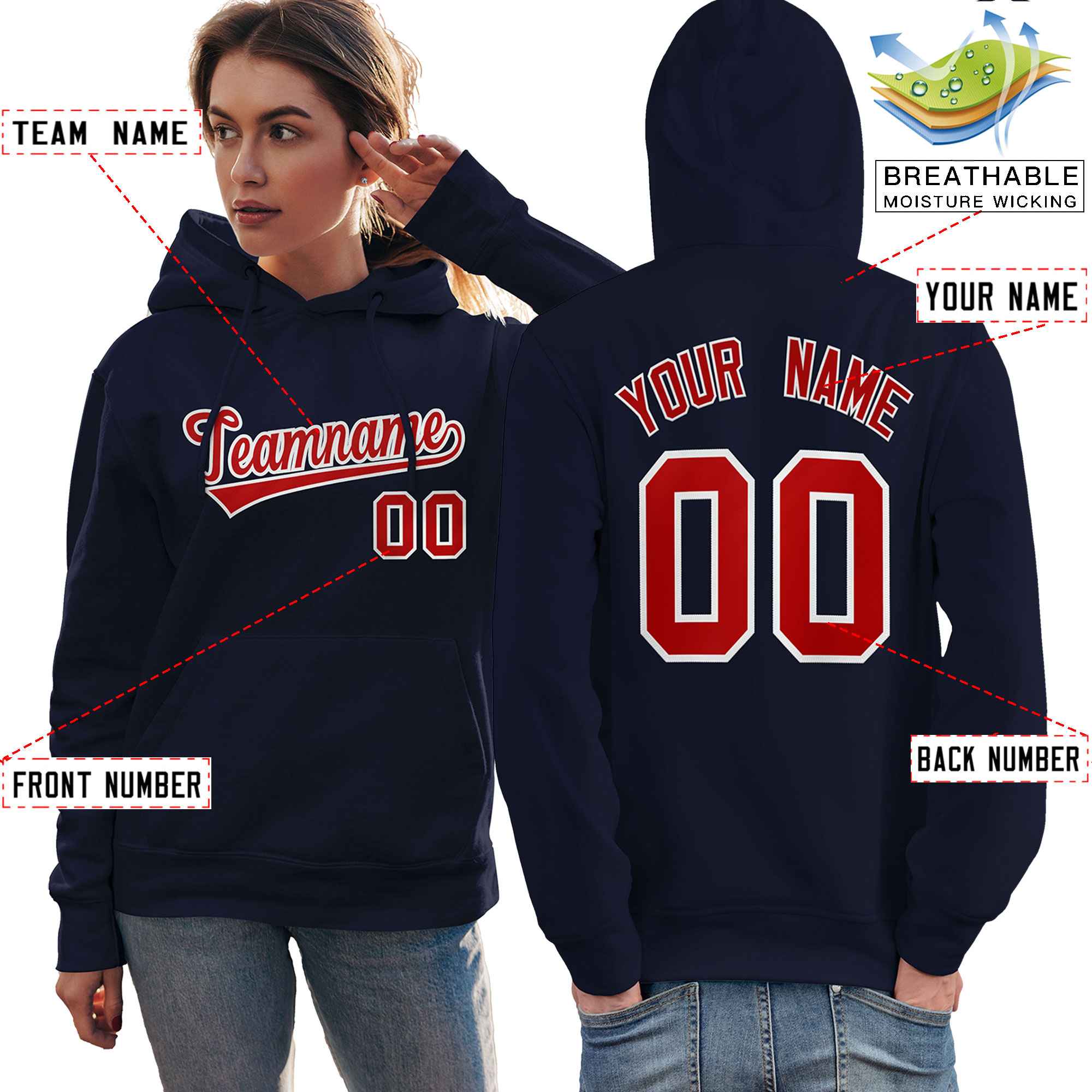 Custom Navy Red-White Classic Style Personalized Sport Pullover Hoodie