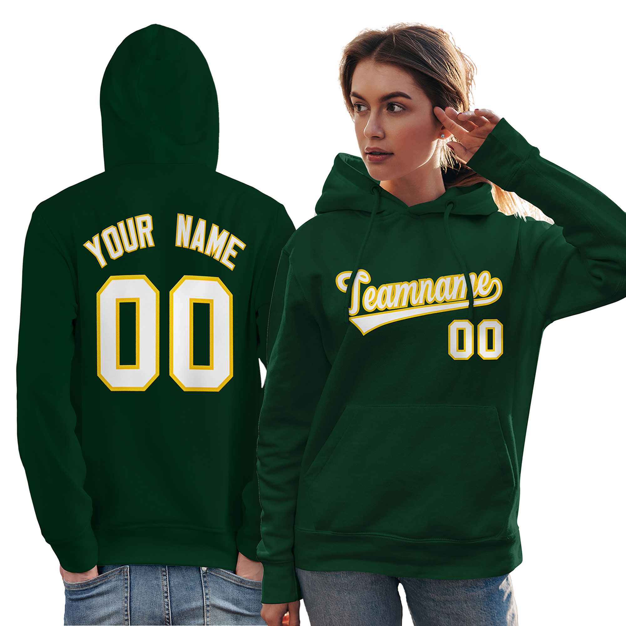 Custom Kelly Green White-Gold Classic Style Personalized Sport Pullover Hoodie