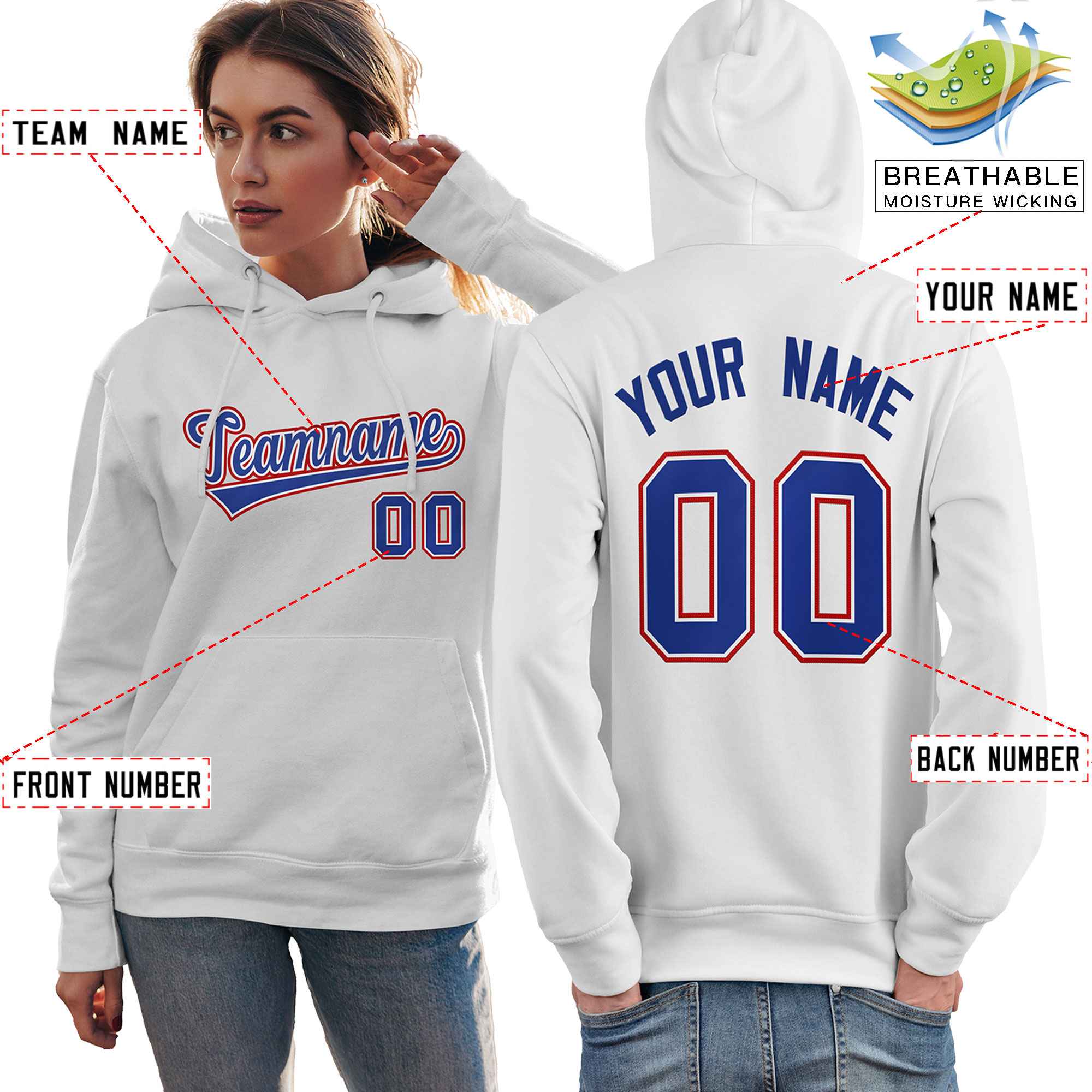 Custom White Royal-Red Classic Style Personalized Sport Pullover Hoodie