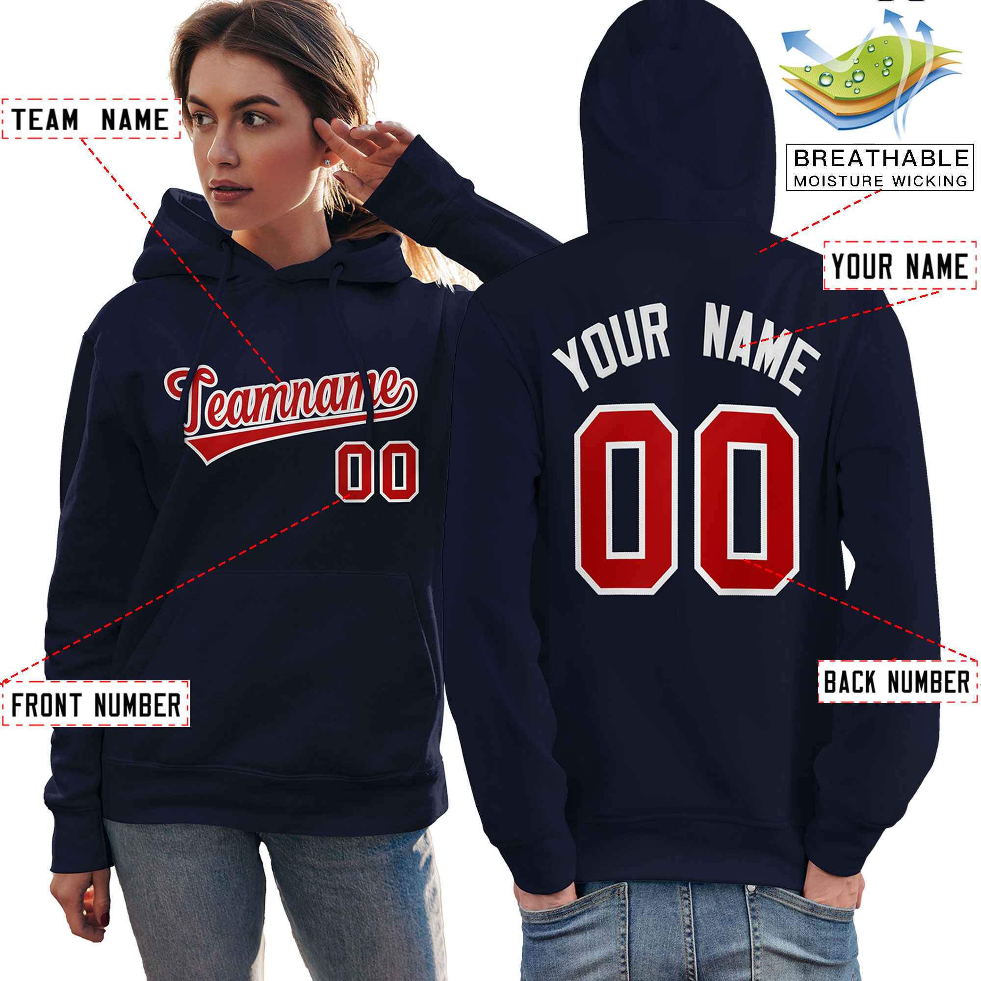 Custom Navy Red-White Classic Style Personalized Sport Pullover Hoodie