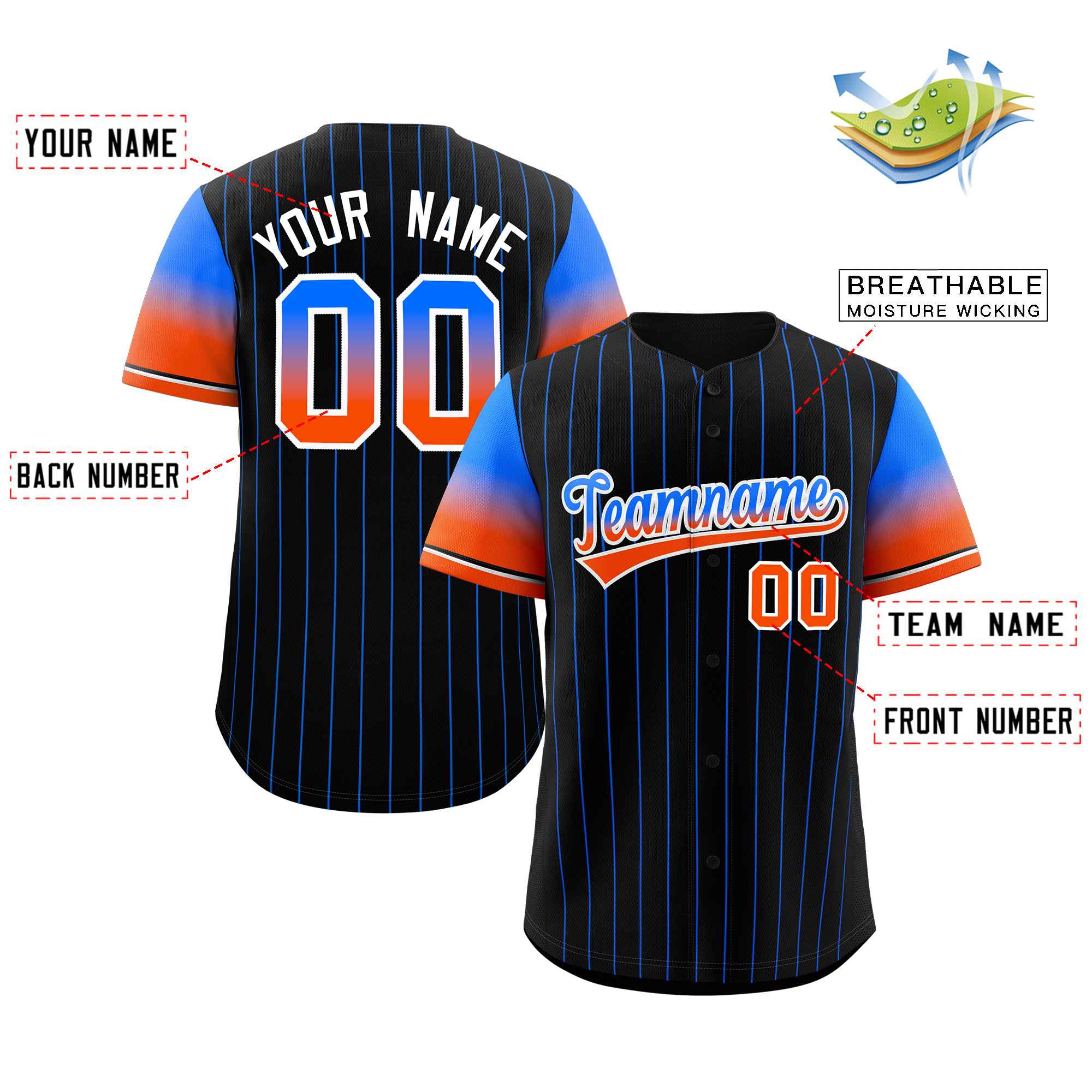 Maillot de Baseball personnalisé noir Royal Orange-blanc à rayures, dégradé de police, mode authentique