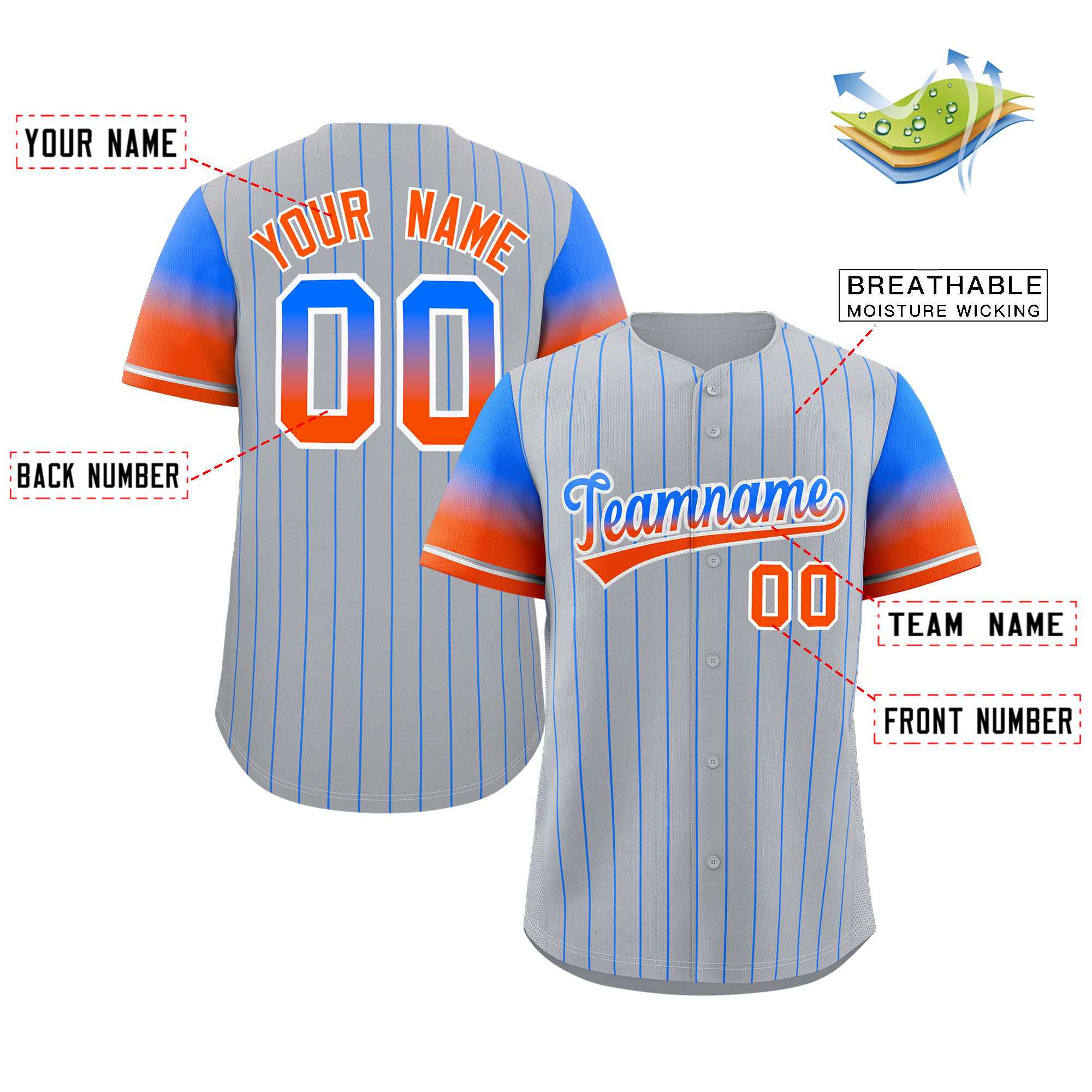 Maillot de Baseball personnalisé gris Royal Orange-blanc à rayures, dégradé de police, mode authentique