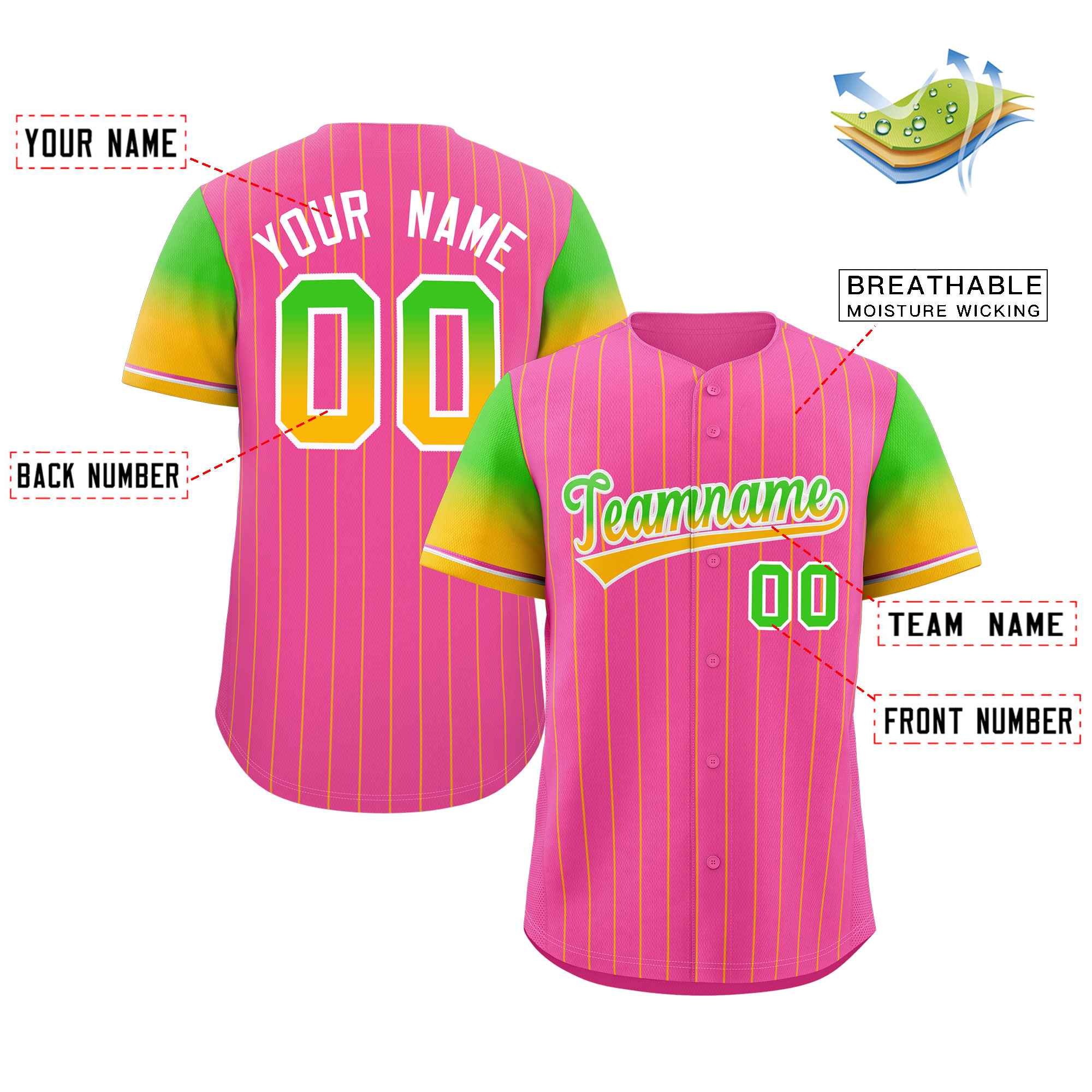 Maillot de Baseball personnalisé rose néon vert or-blanc à rayures, dégradé de police, mode authentique