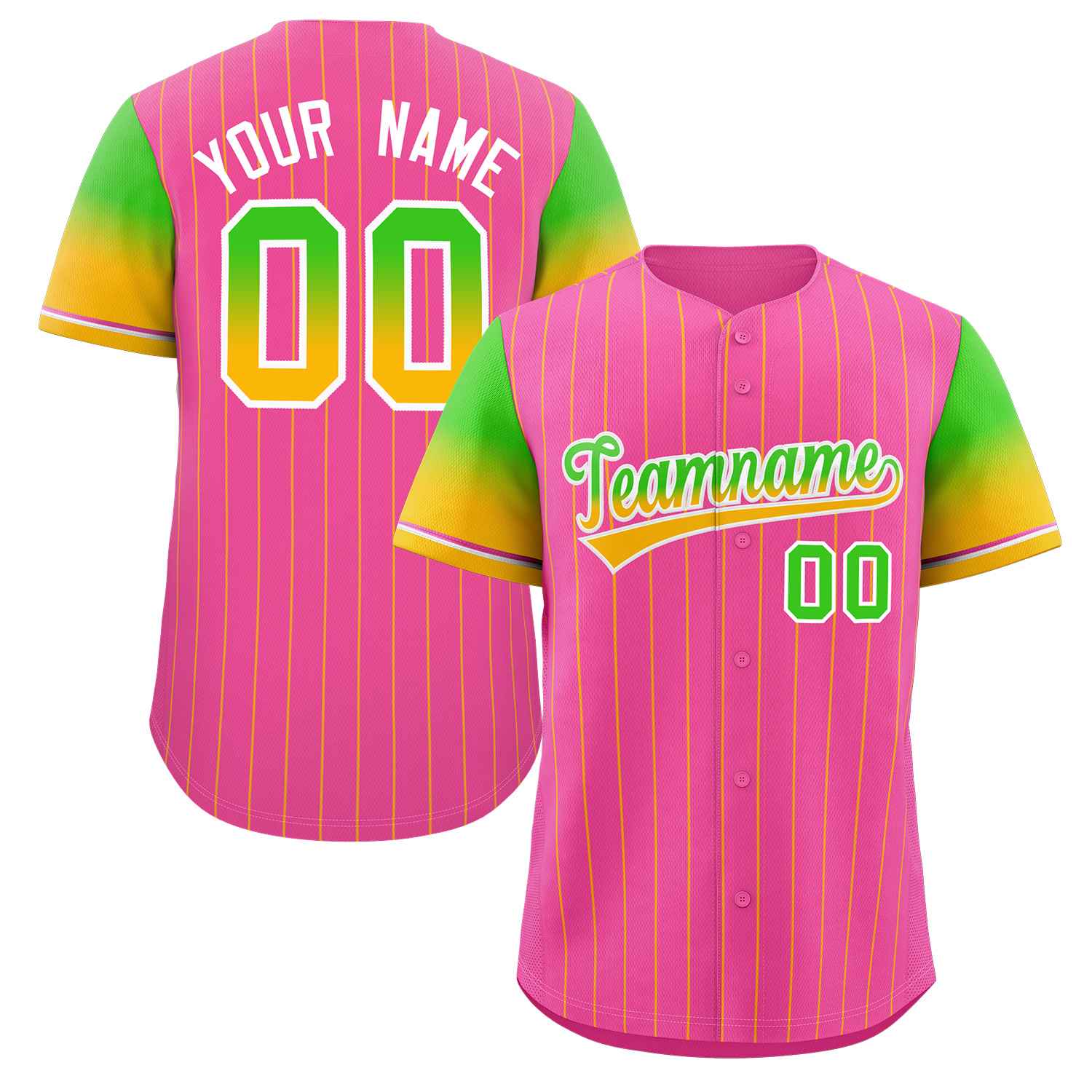 Maillot de Baseball personnalisé rose néon vert or-blanc à rayures, dégradé de police, mode authentique