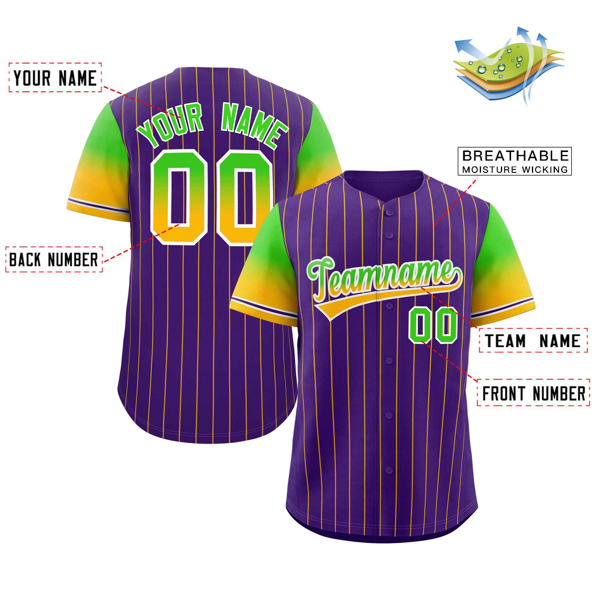 Maillot de Baseball personnalisé violet néon vert or-blanc à rayures, dégradé de police, mode authentique