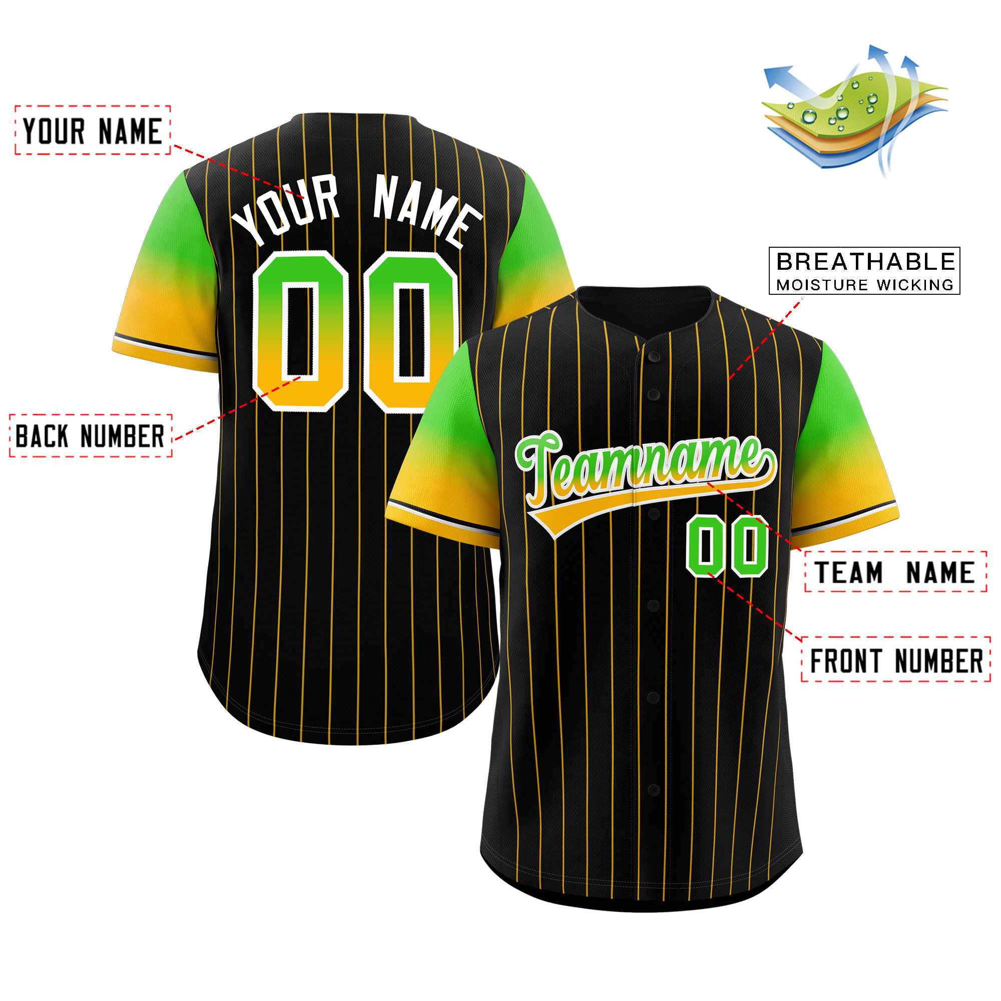 Custom Black Neon Green Gold-White Stripe Font Gradient Fashion Authentic Baseball Jersey