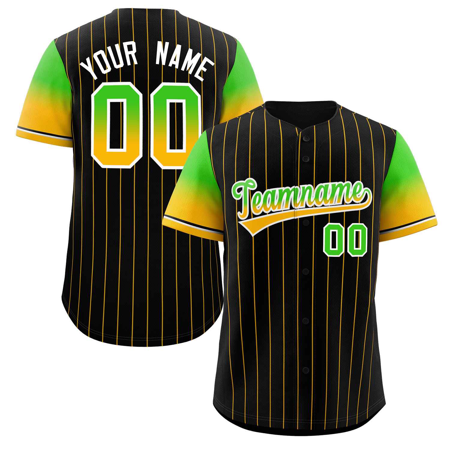 Custom Black Neon Green Gold-White Stripe Font Gradient Fashion Authentic Baseball Jersey