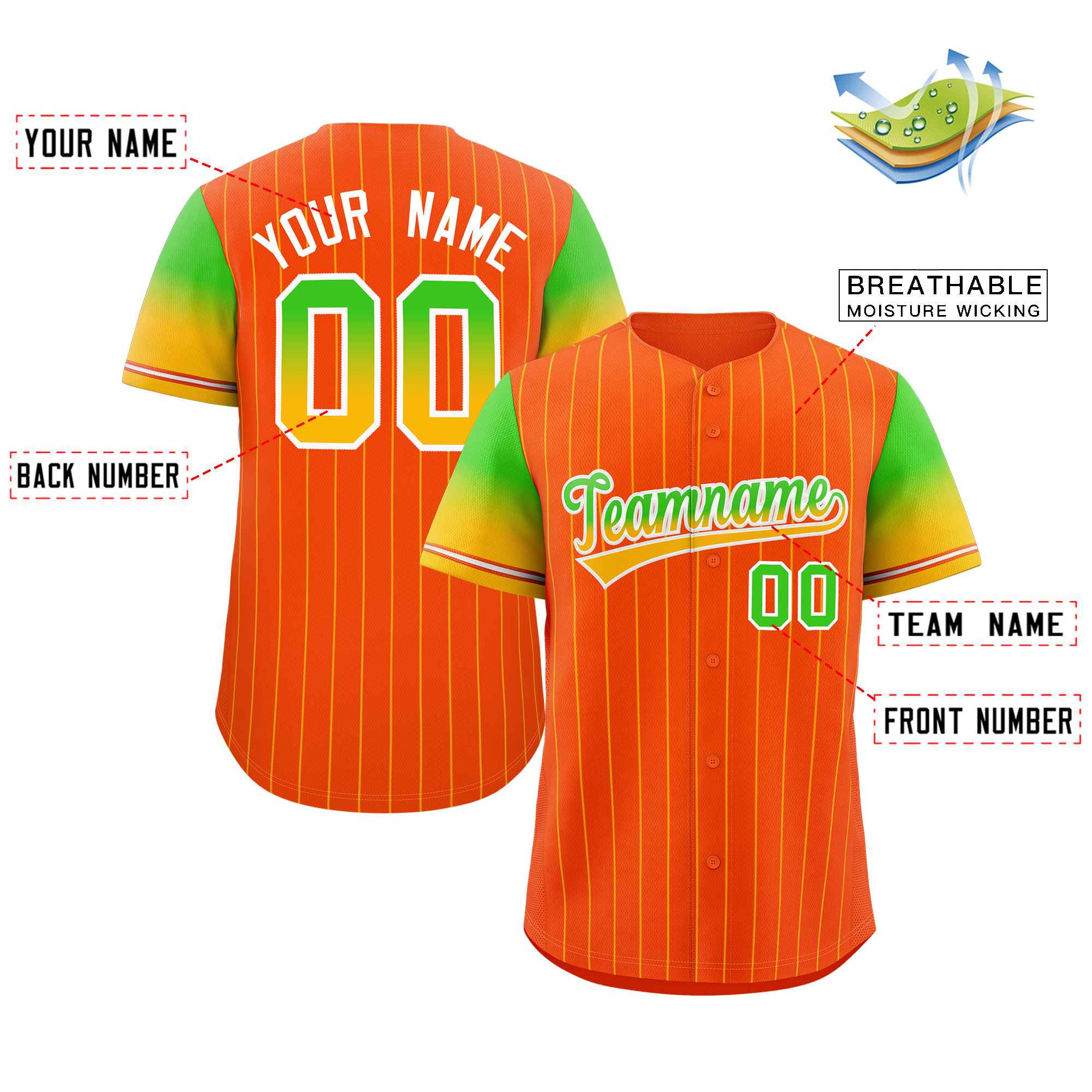 Maillot de Baseball personnalisé Orange néon vert or-blanc à rayures, dégradé de police, mode authentique