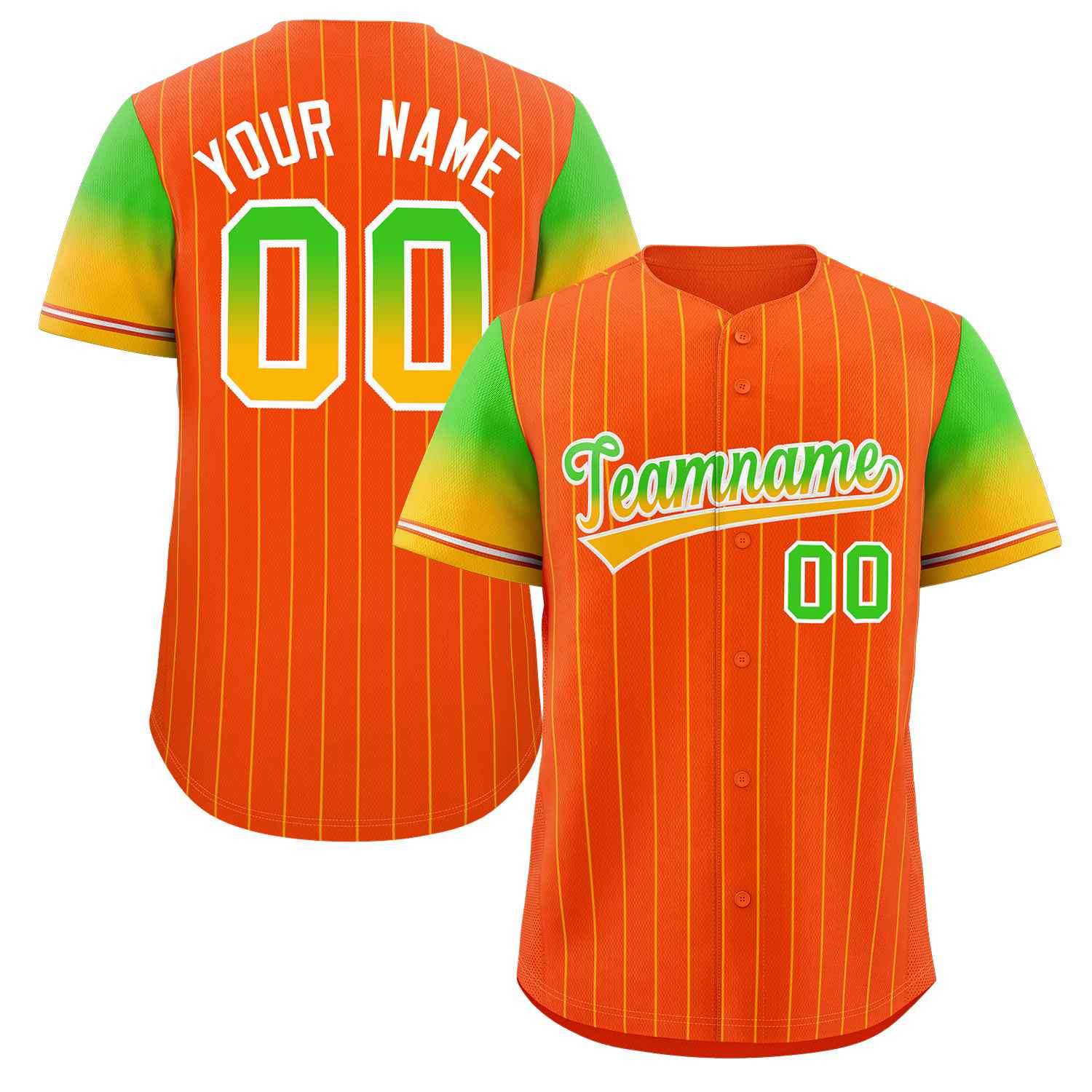 Maillot de Baseball personnalisé Orange néon vert or-blanc à rayures, dégradé de police, mode authentique