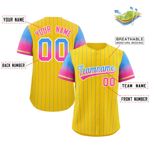 Custom Gold Powder Blue Pink-White Stripe Font Gradient Fashion Authentic Baseball Jersey