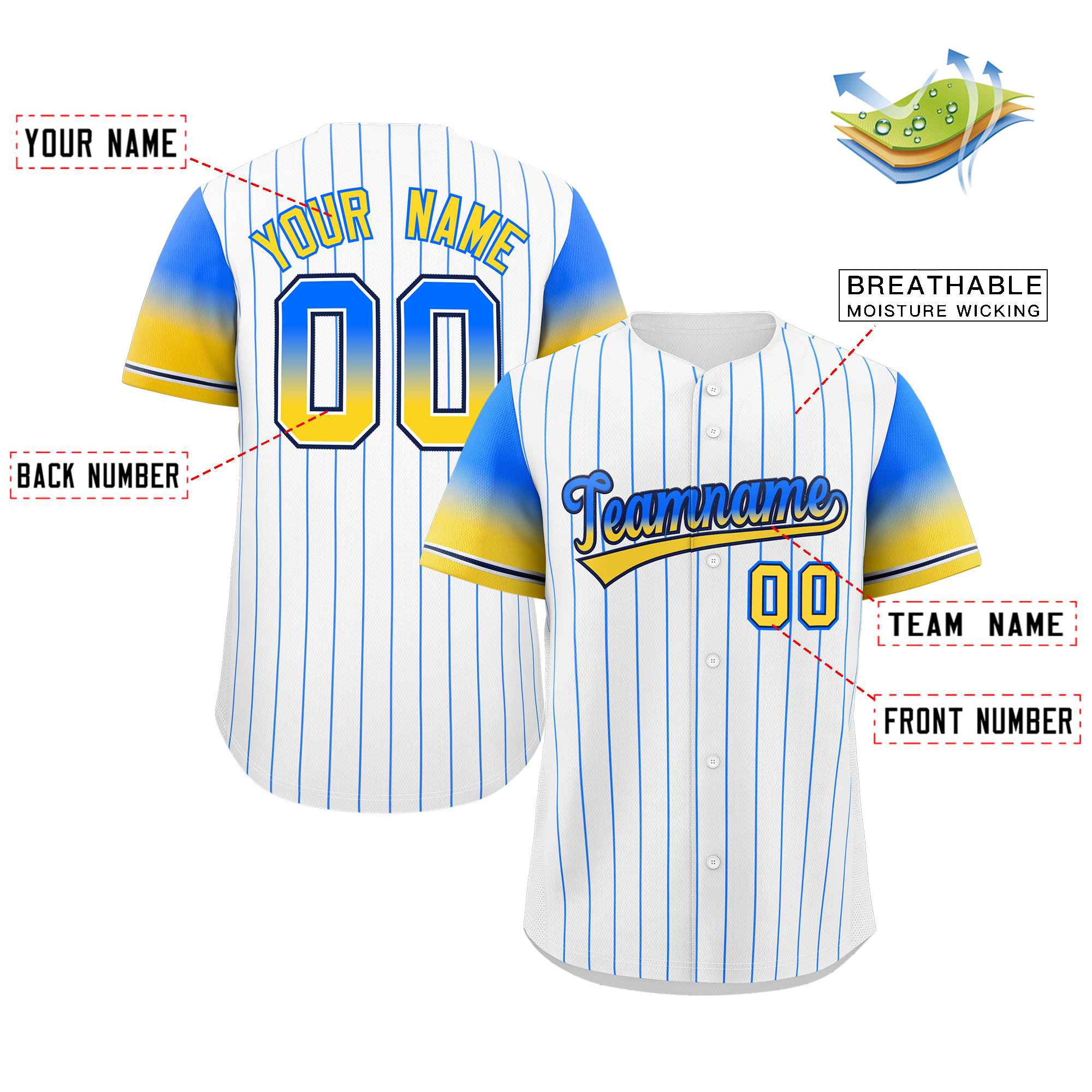 Custom White Blue Yellow-Navy Stripe Font Gradient Fashion Authentic Baseball Jersey