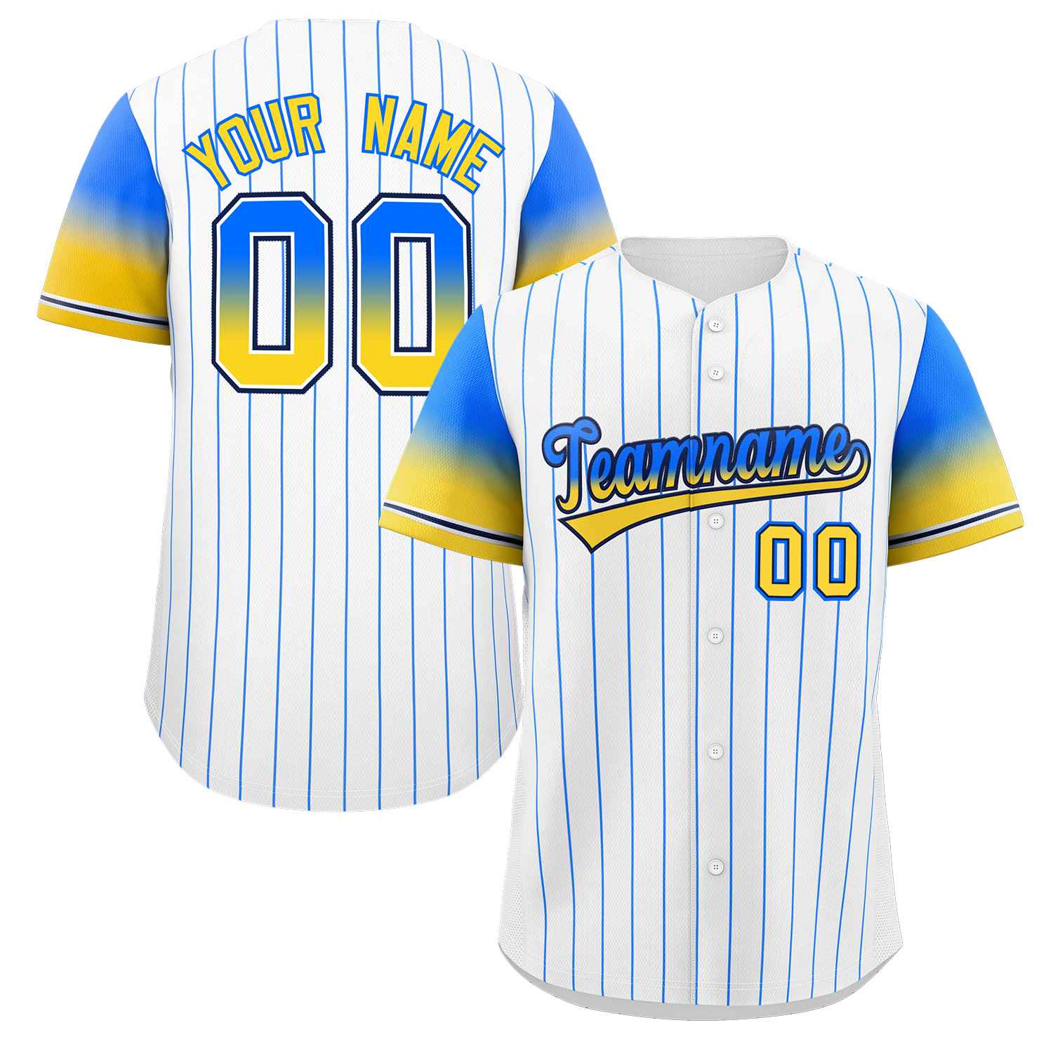 Custom White Blue Yellow-Navy Stripe Font Gradient Fashion Authentic Baseball Jersey