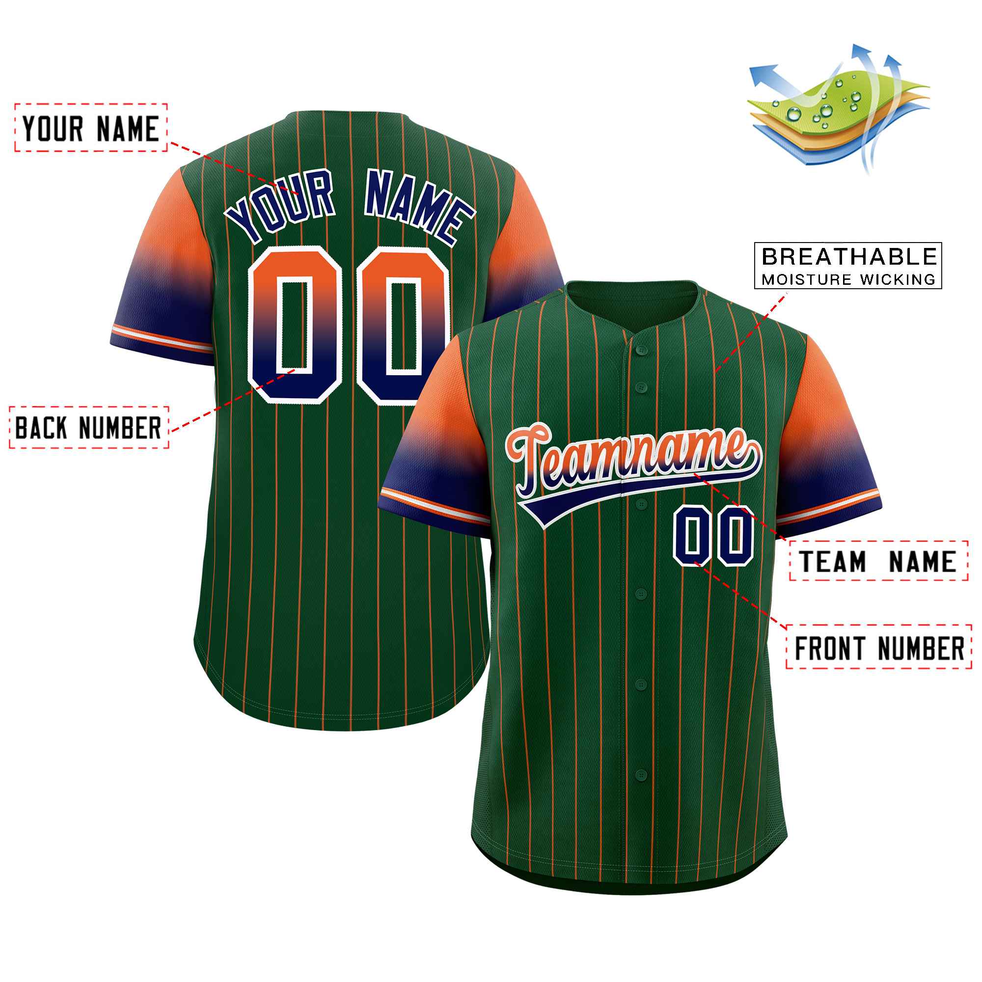 Custom Green Orange Navy-White Stripe Font Gradient Fashion Authentic Baseball Jersey