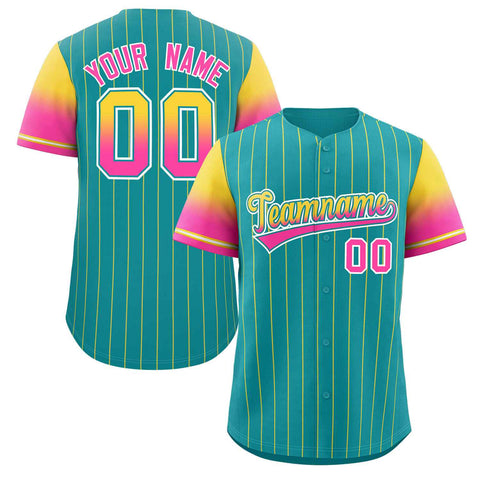 Custom Aqua Gold Pink-Aqua Stripe Font Gradient Fashion Authentic Baseball Jersey