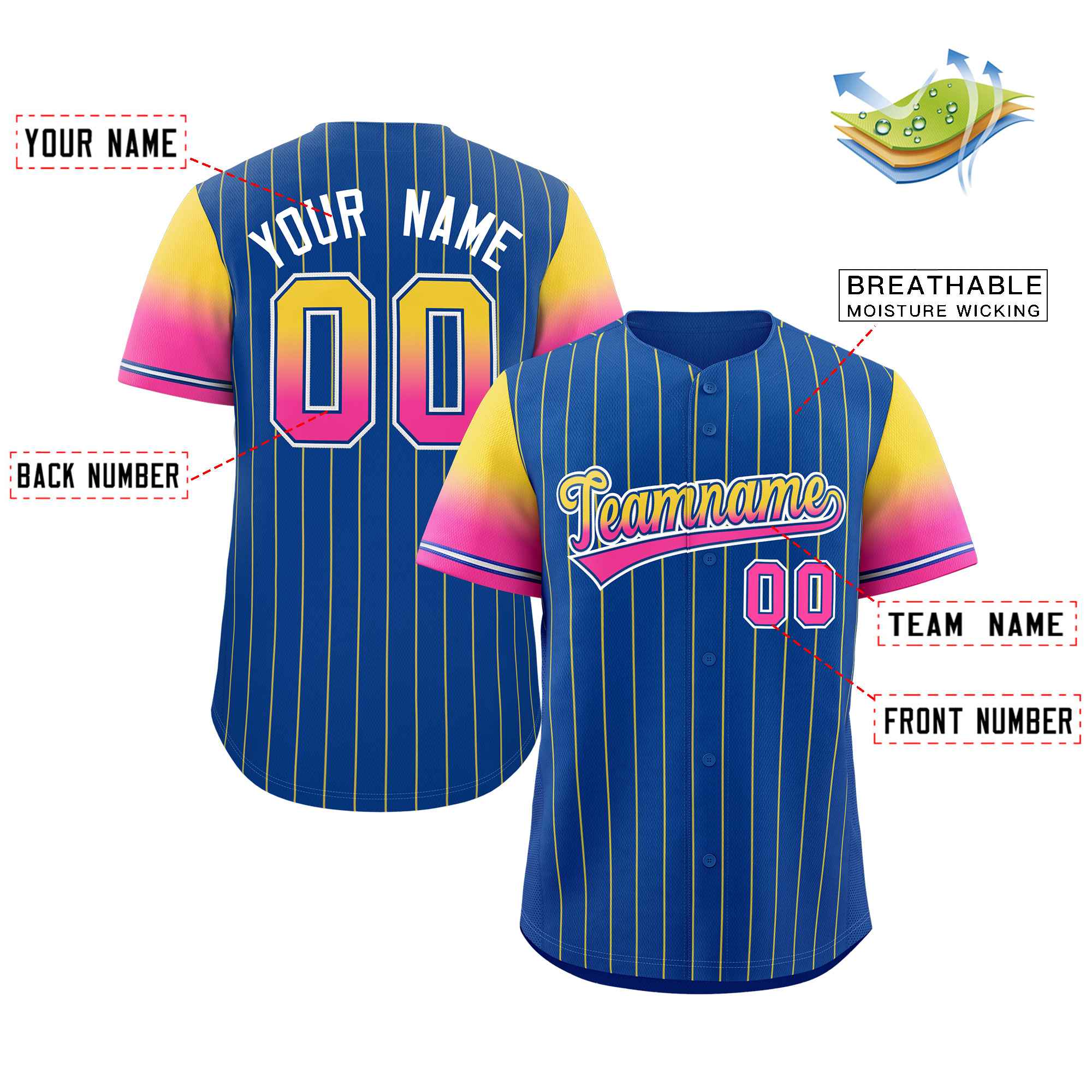 Custom Royal Gold Pink-Royal Stripe Font Gradient Fashion Authentic Baseball Jersey