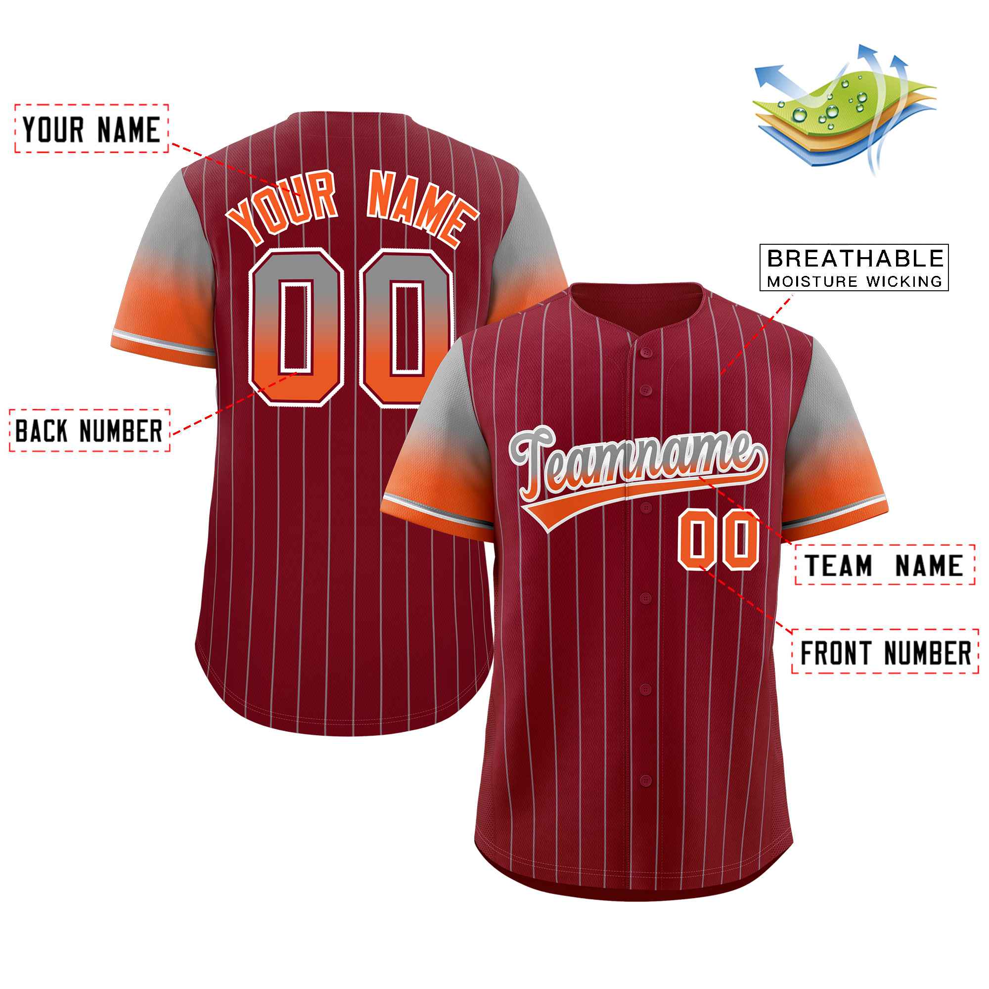 Custom Crimson Gray Orange-White Stripe Font Gradient Fashion Authentic Baseball Jersey