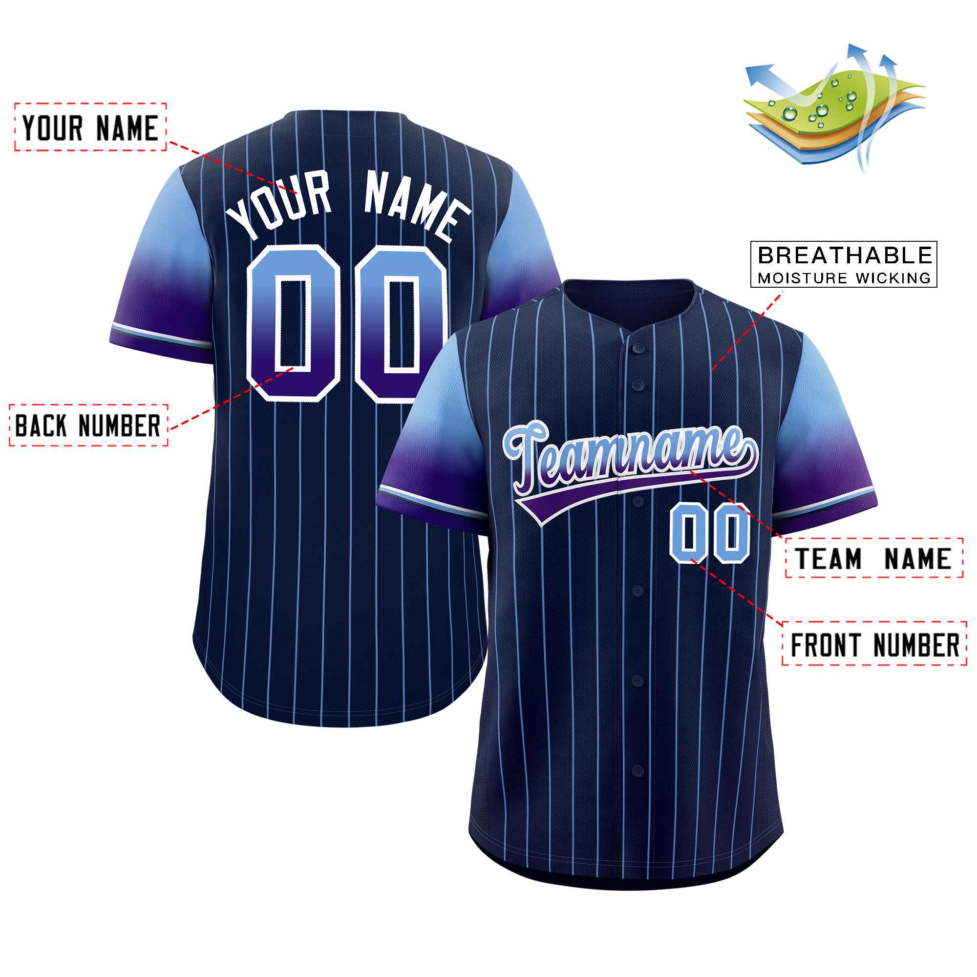 Custom Navy Powder Blue Purple-White Stripe Font Gradient Fashion Authentic Baseball Jersey