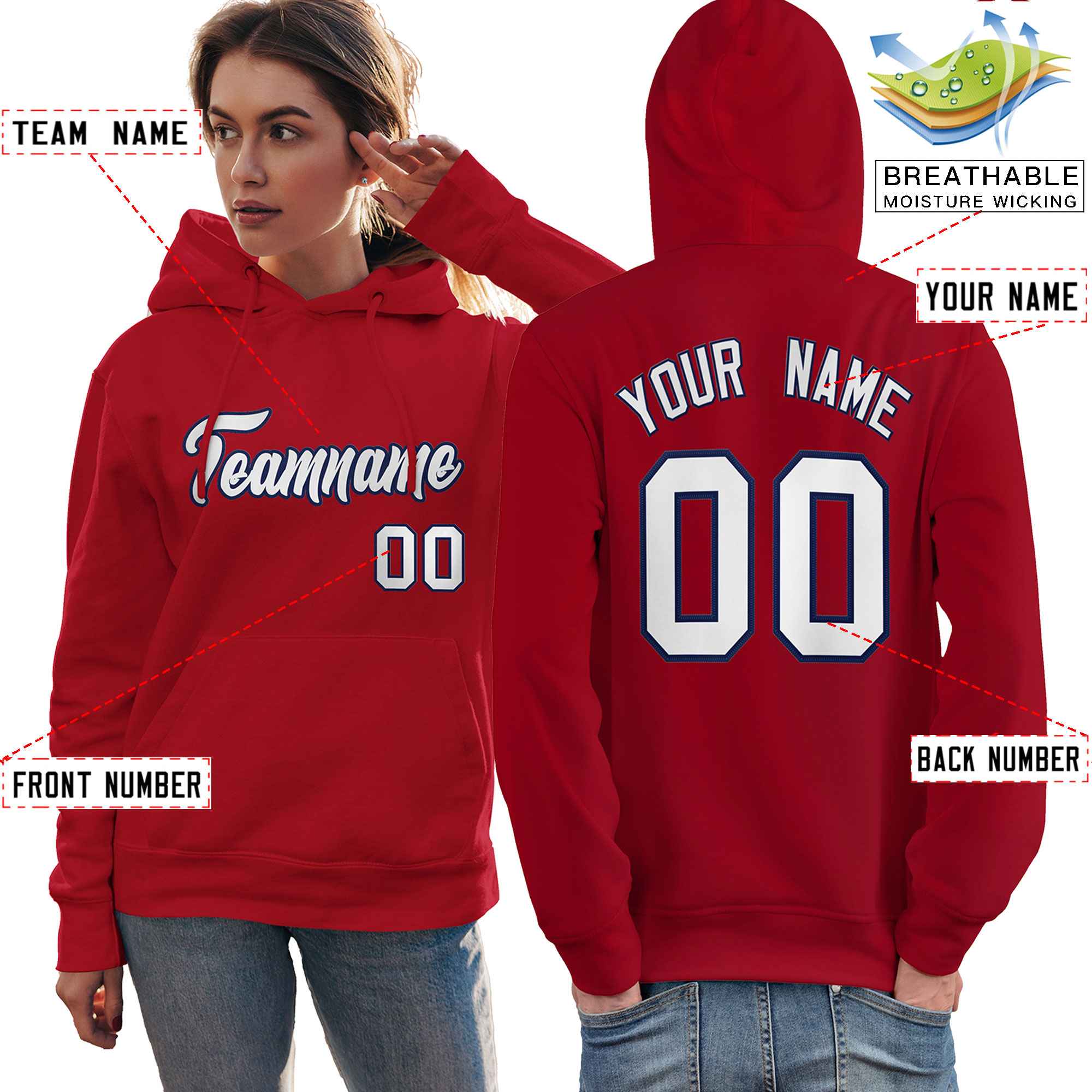 Custom Red Navy-White Classic Style Personalized Sport Pullover Hoodie