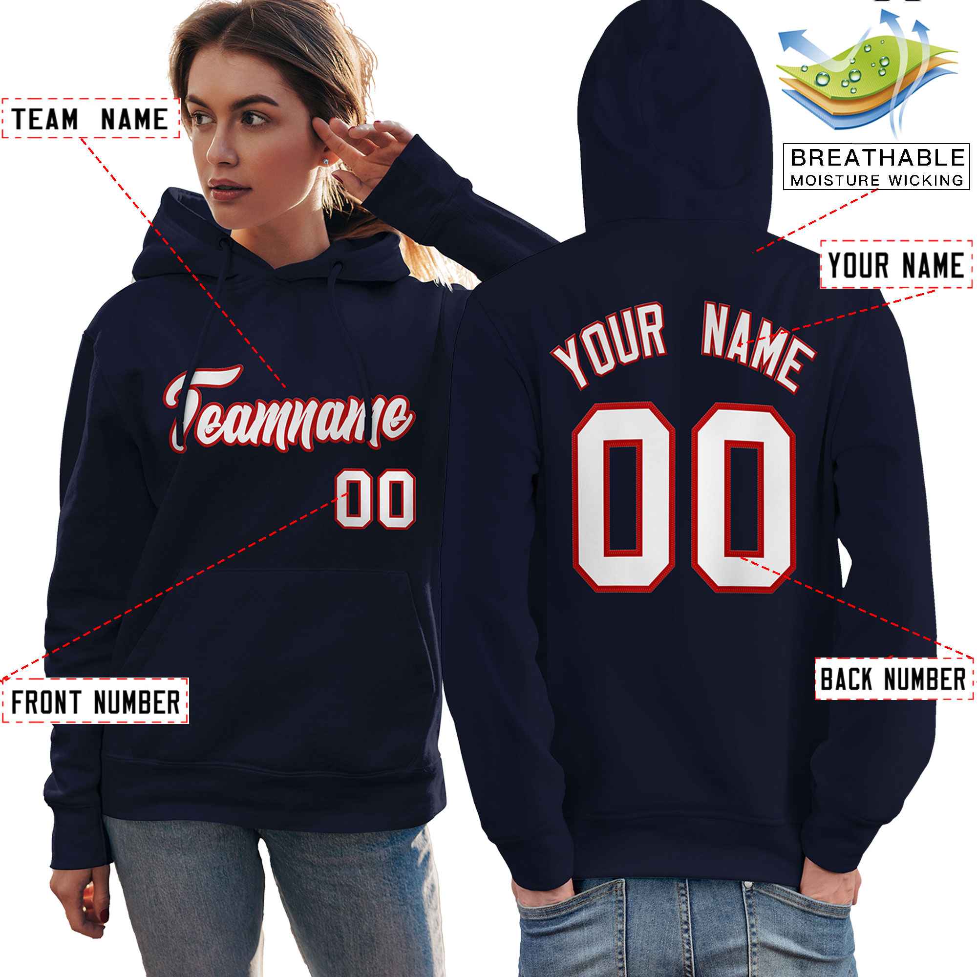 Custom Navy Red-White Classic Style Personalized Sport Pullover Hoodie