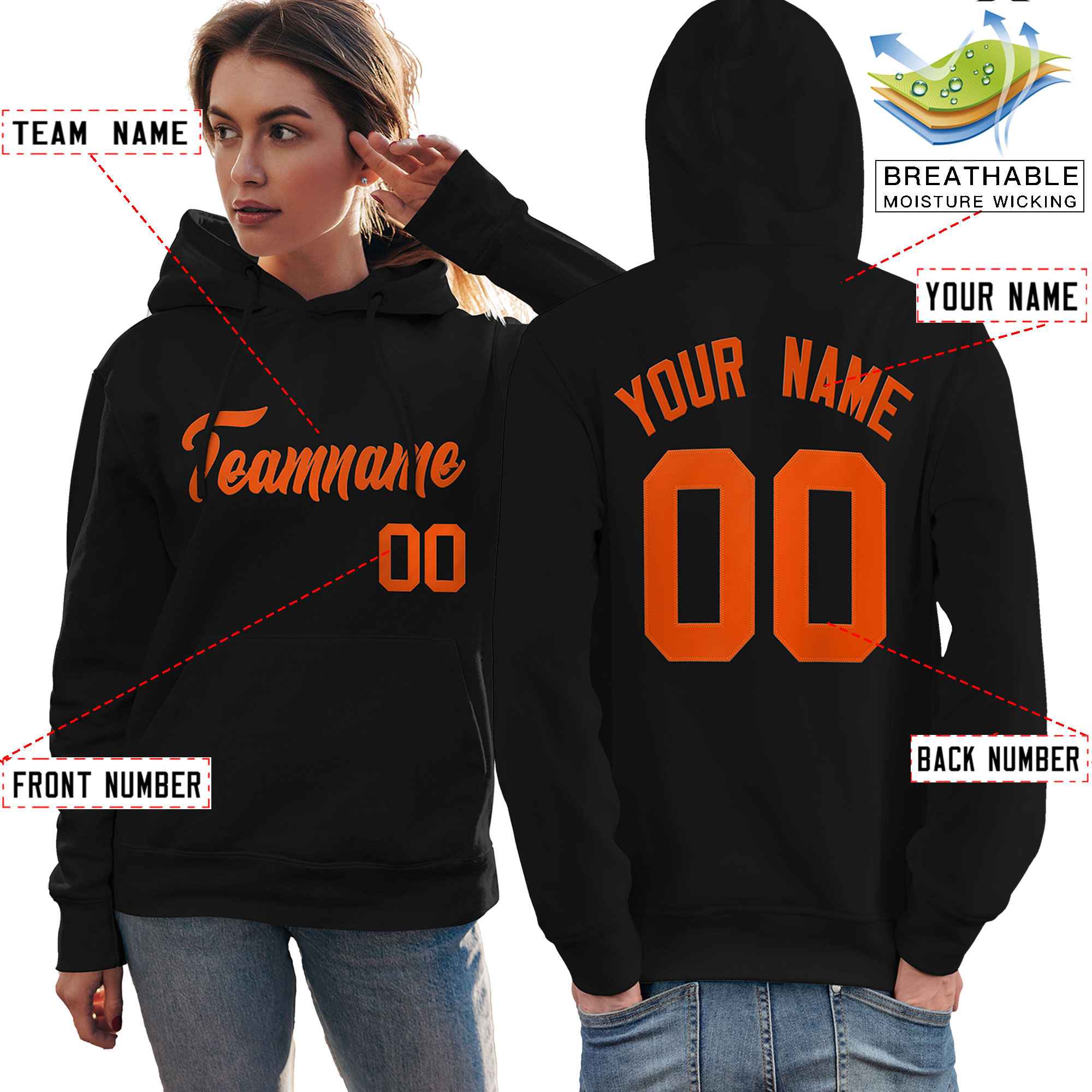 Custom Black Orange Classic Style Personalized Sport Pullover Hoodie