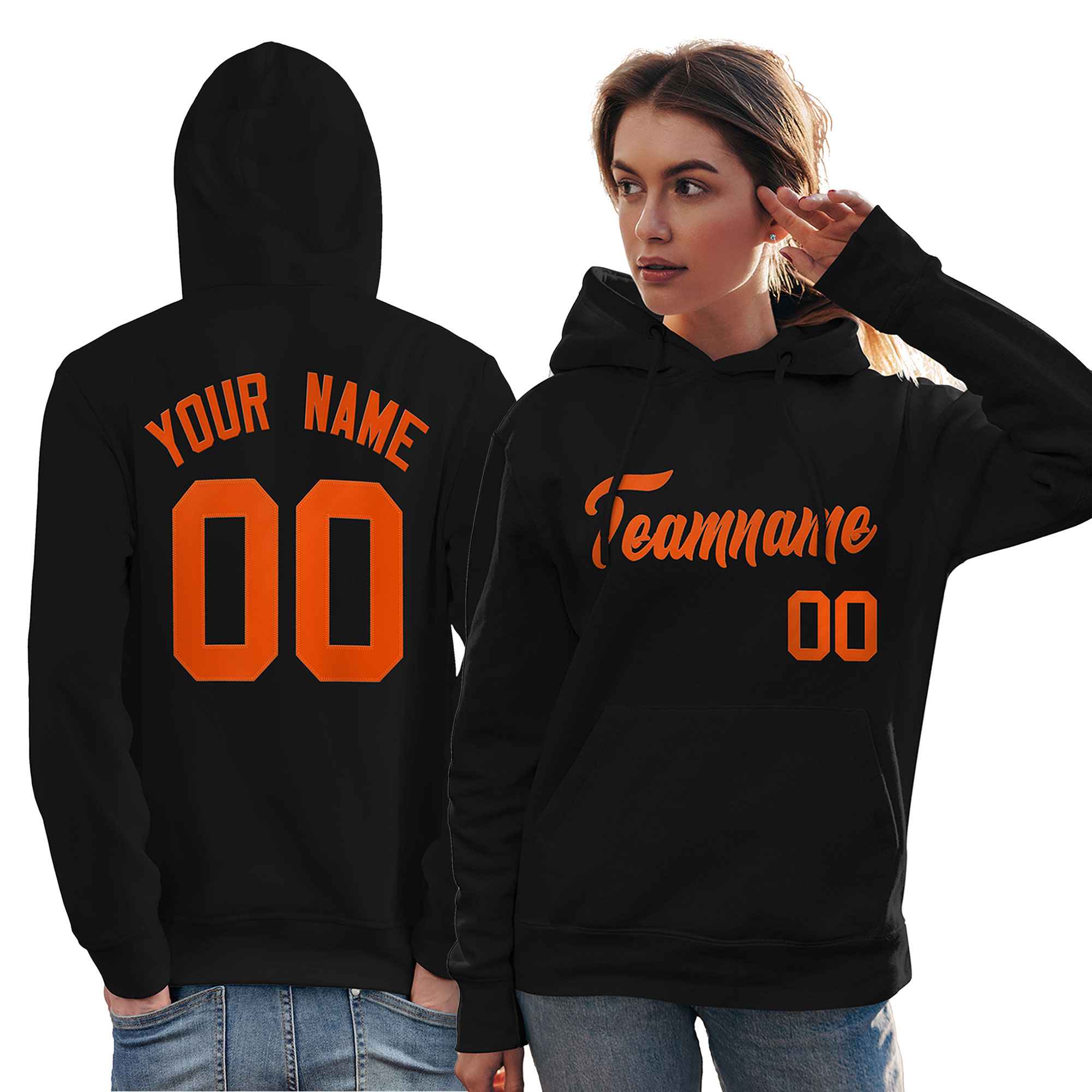 Custom Black Orange Classic Style Personalized Sport Pullover Hoodie