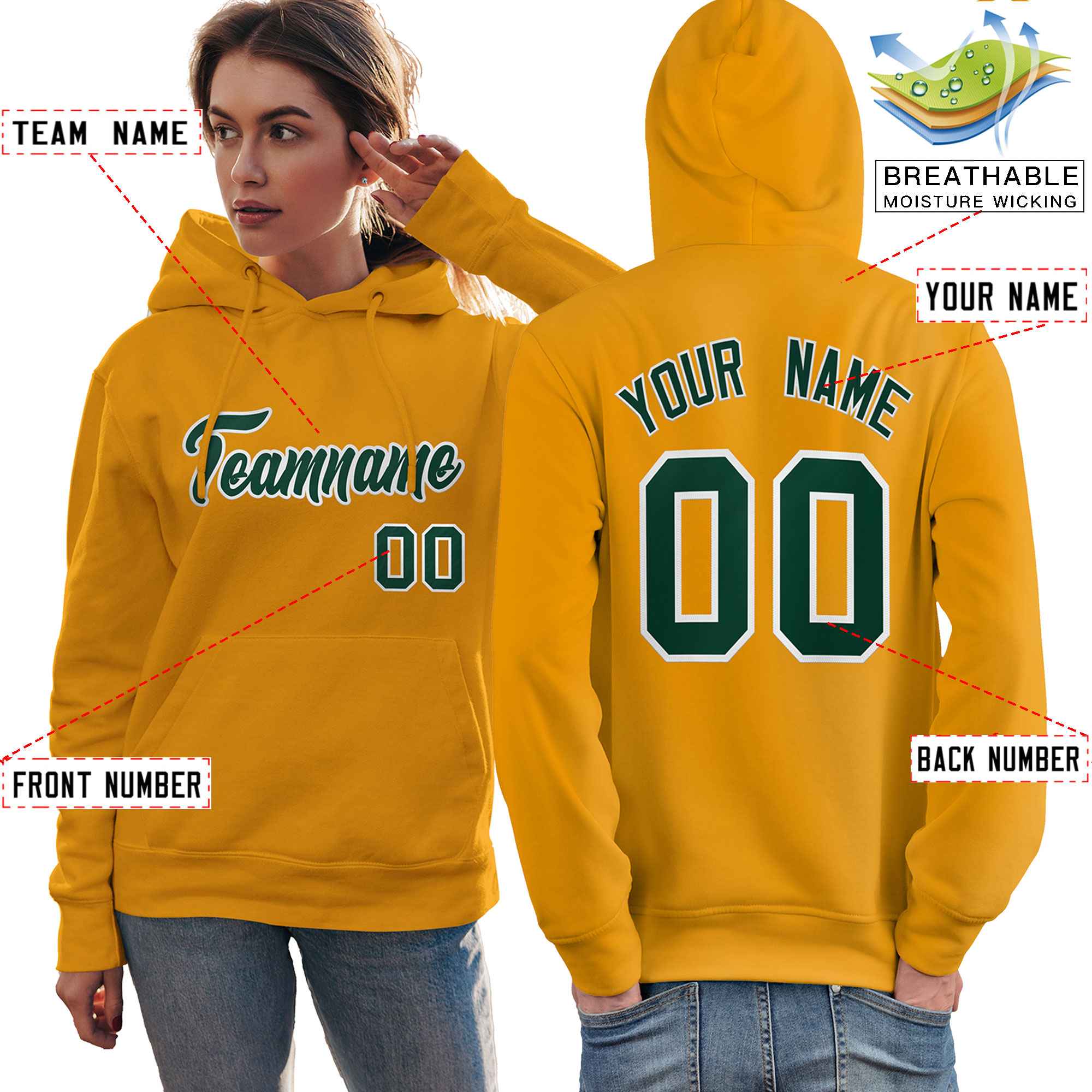 Custom Gold Kelly Green-White Classic Style Personalized Sport Pullover Hoodie