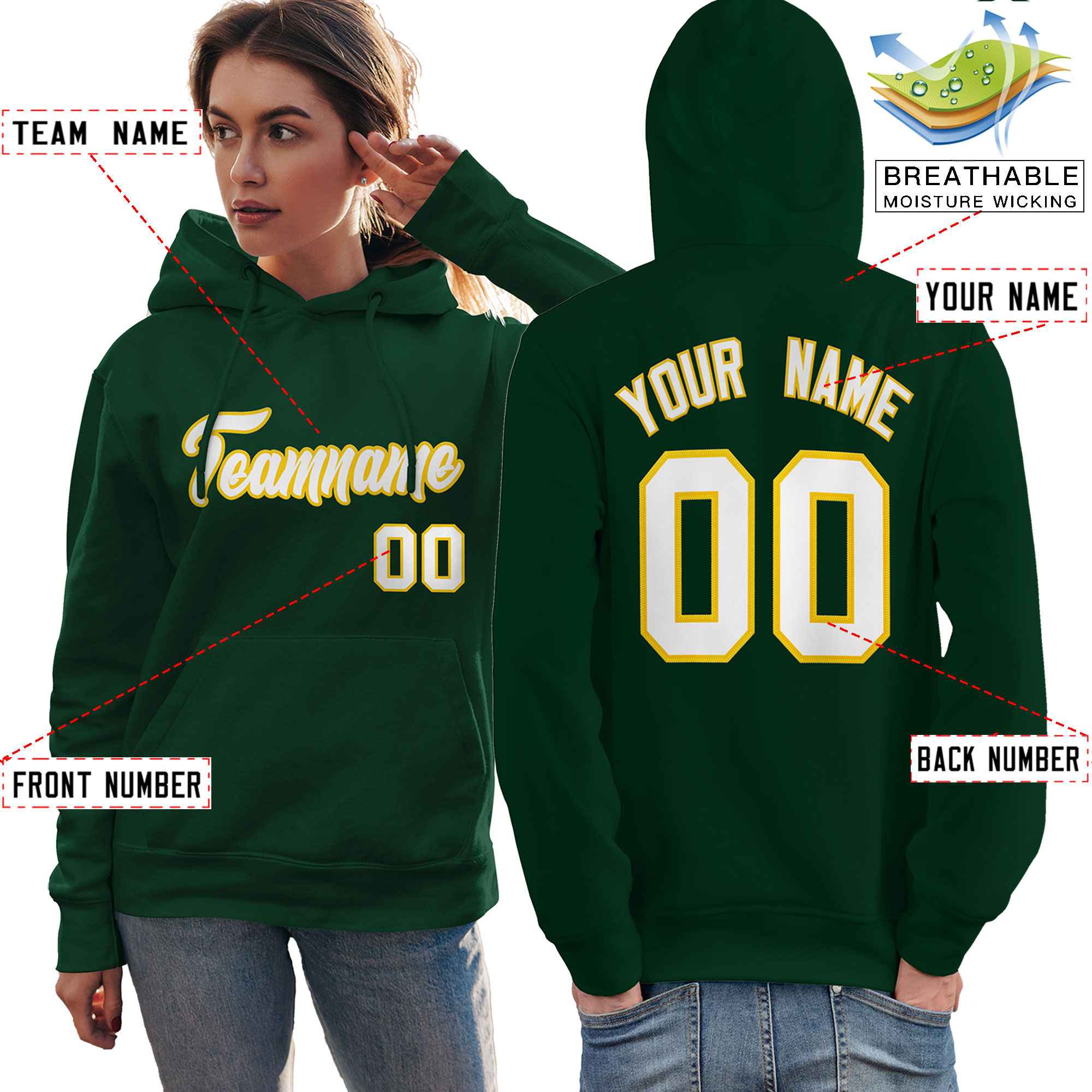 Custom Kelly Green White-Gold Classic Style Personalized Sport Pullover Hoodie