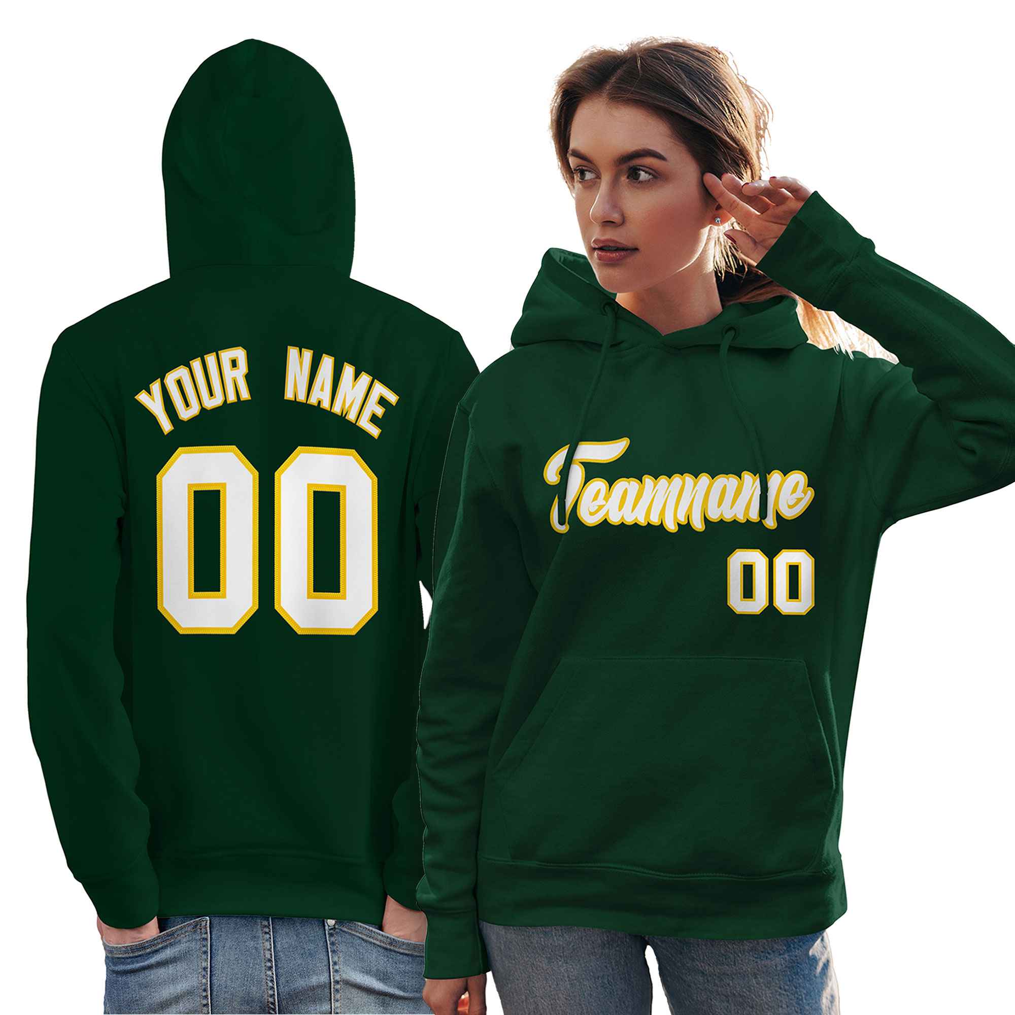 Custom Kelly Green White-Gold Classic Style Personalized Sport Pullover Hoodie