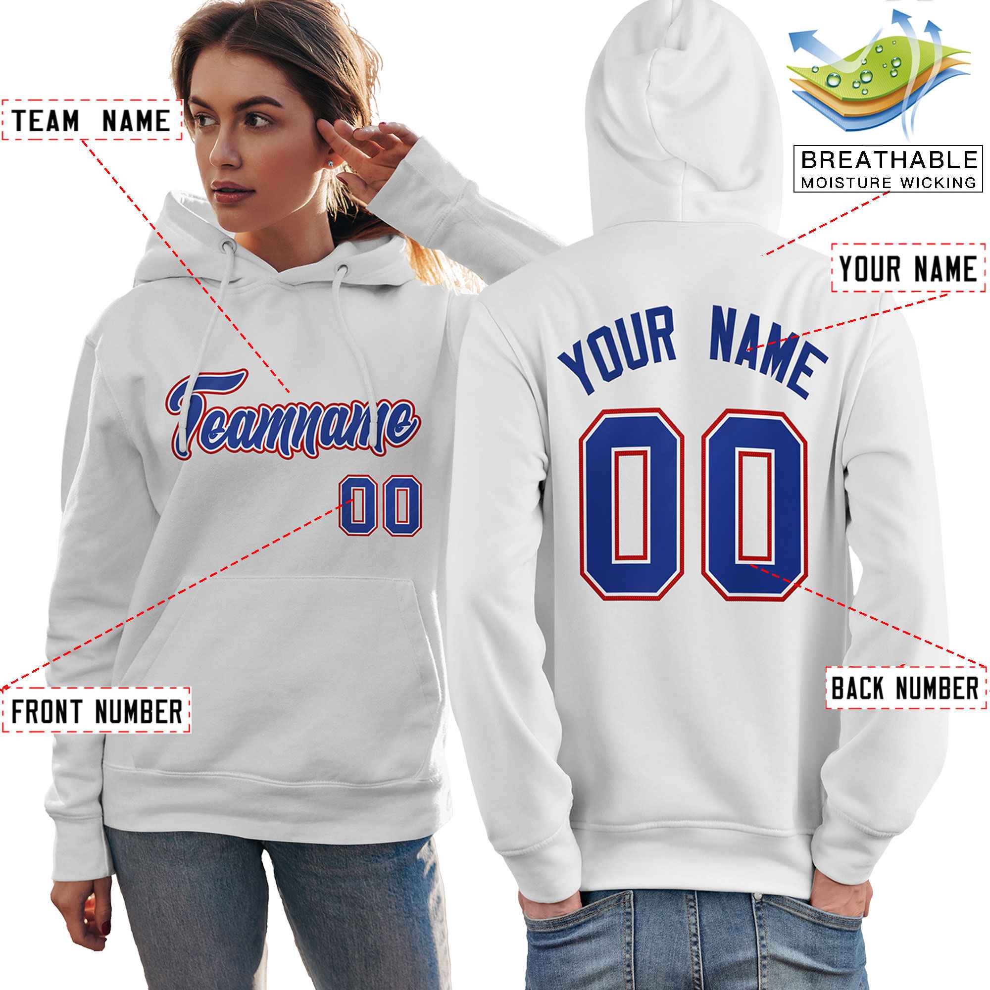 Custom White Royal-Red Classic Style Personalized Sport Pullover Hoodie