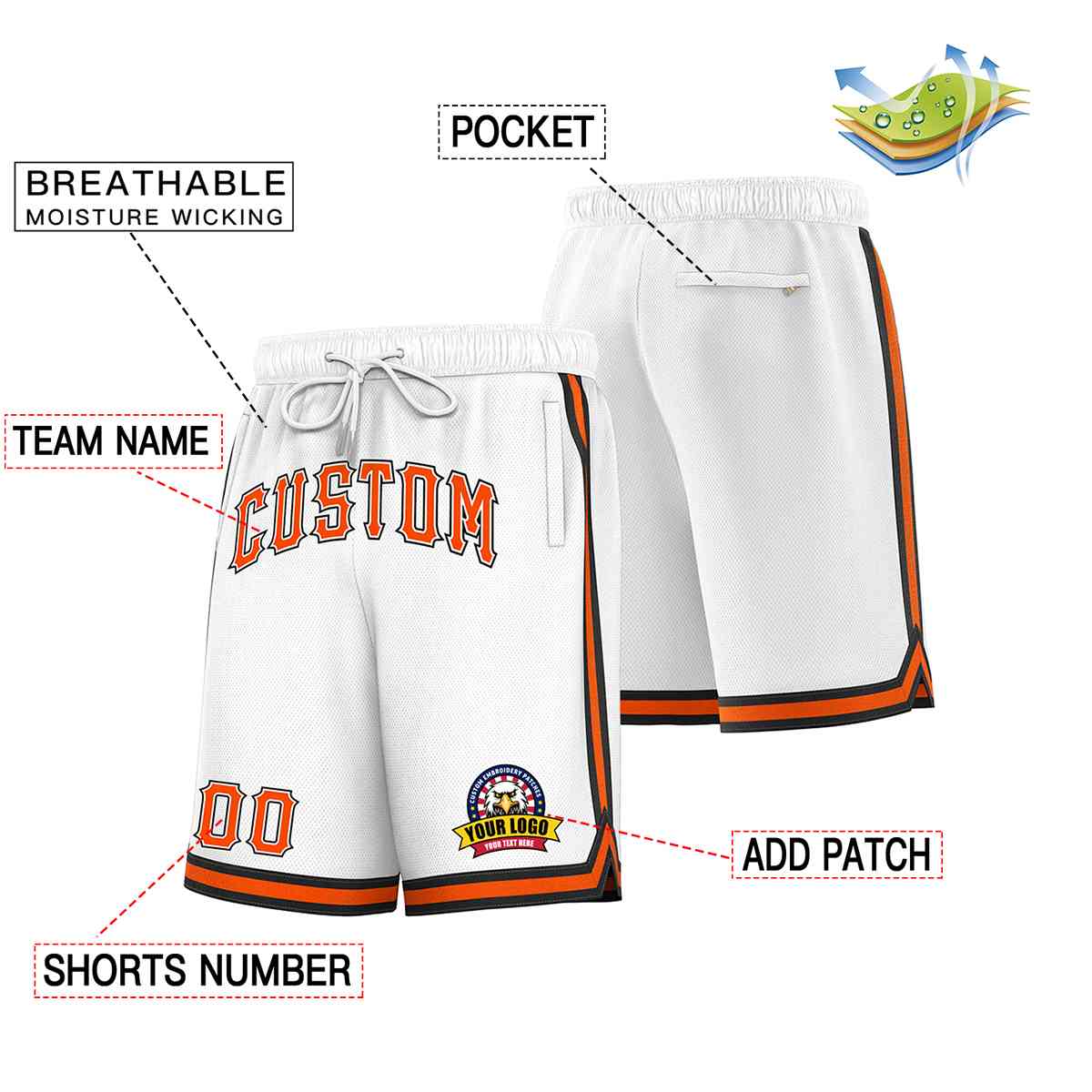 Custom White Orange-Black Classic Style Basketball Mesh Shorts