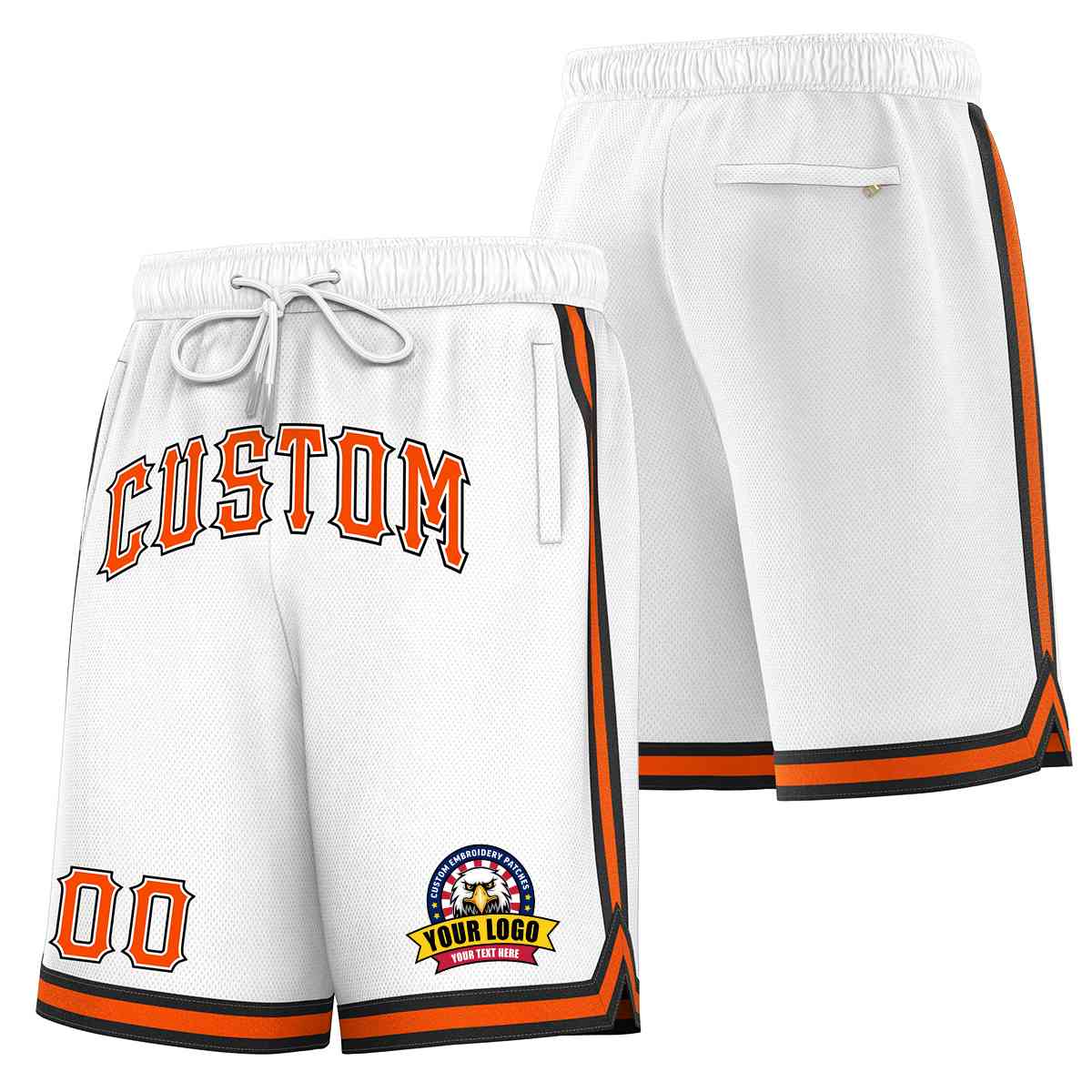 Short en maille de basket-ball de style classique blanc orange-noir personnalisé