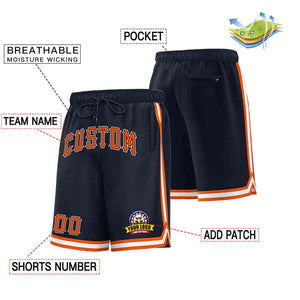 Short de basket-ball en maille de style classique, personnalisé, bleu marine, orange-blanc