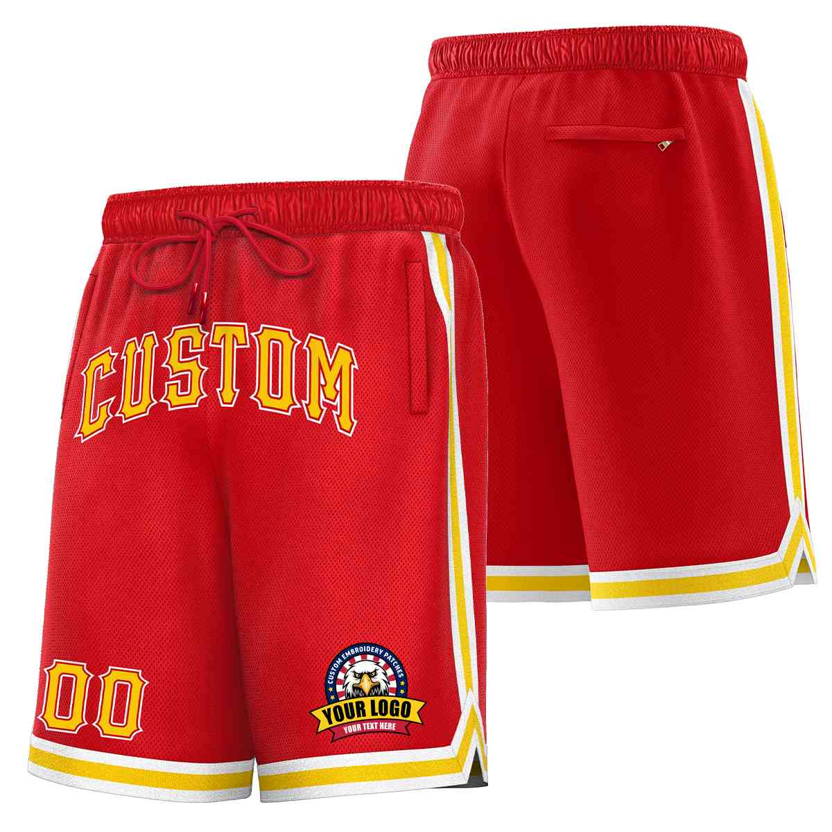 Short en maille de basket-ball de style classique rouge or-blanc personnalisé