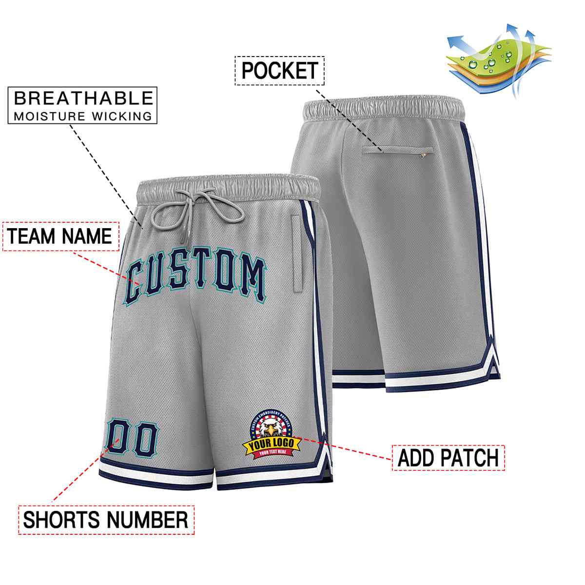 Custom Gray Navy-Teal Classic Style Basketball Mesh Shorts