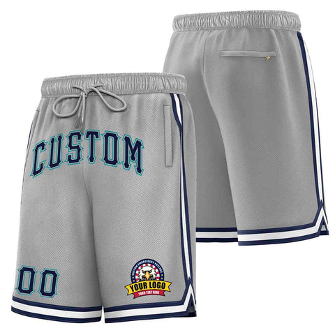 Custom Gray Navy-Teal Classic Style Basketball Mesh Shorts