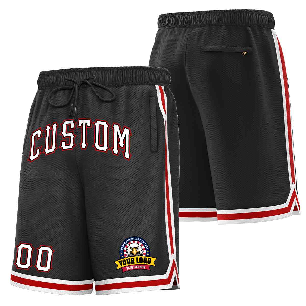 Short en maille de basket-ball de style classique noir blanc-rouge personnalisé