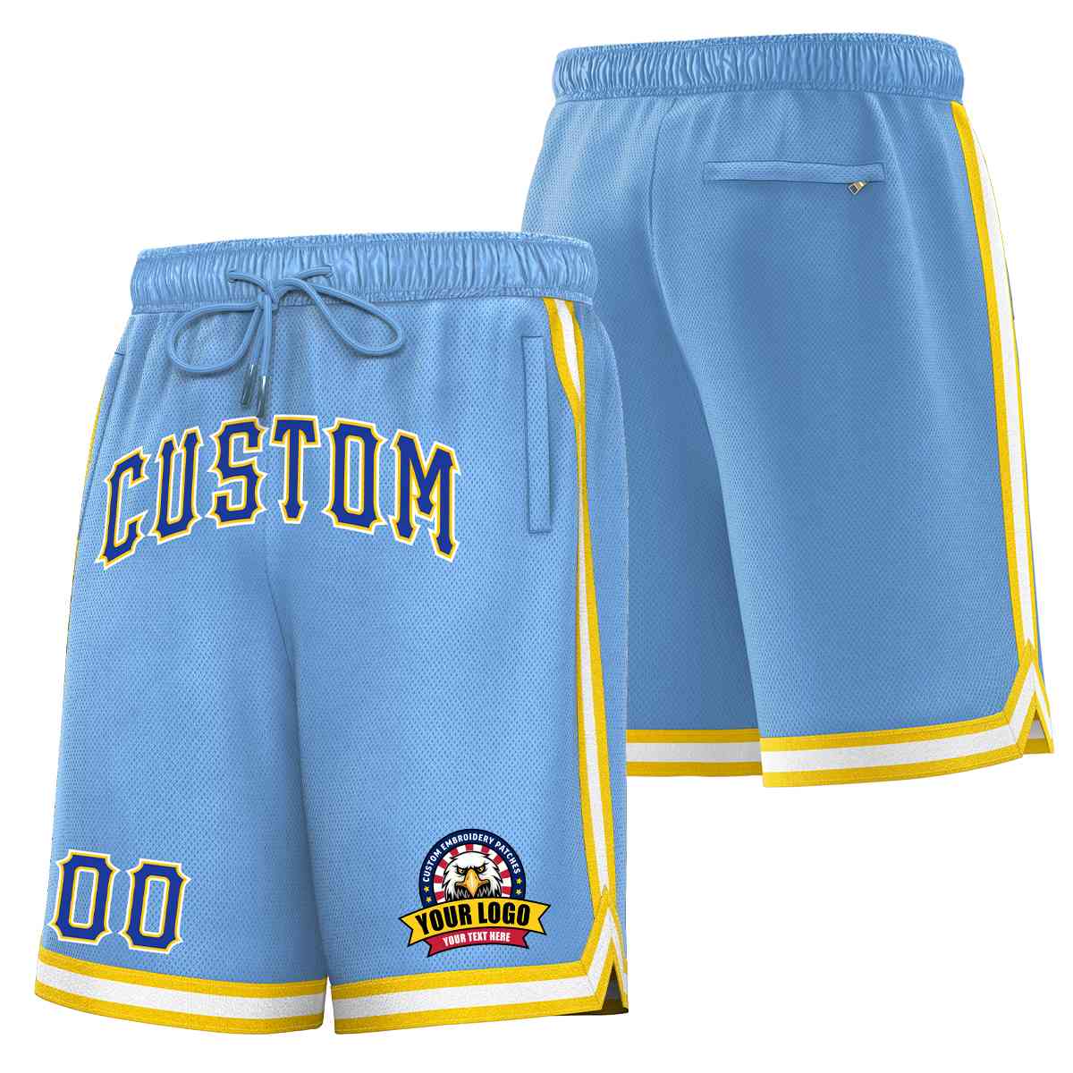 Short en maille de basket-ball de style classique bleu clair et blanc personnalisé