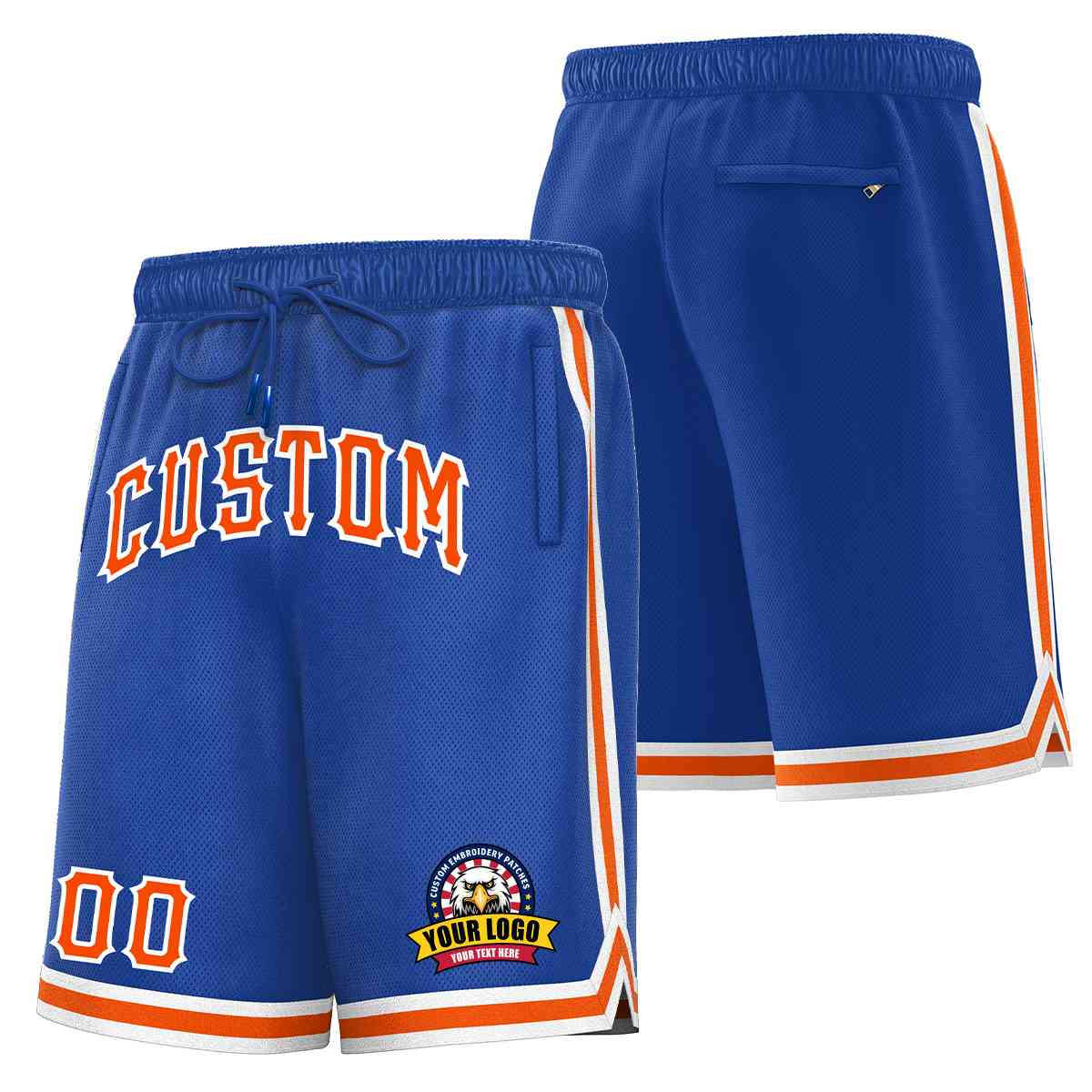 Short en maille de basket-ball de style classique Royal Orange-Blanc personnalisé