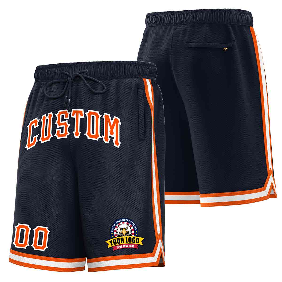 Short de basket-ball en maille de style classique, personnalisé, bleu marine, orange-blanc