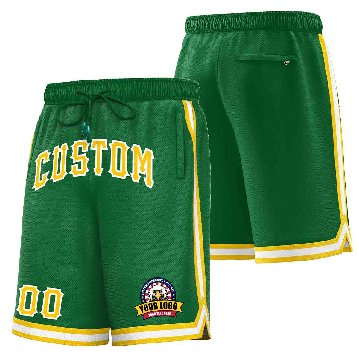 Short en maille de basket-ball de style classique Kelly vert or-blanc personnalisé