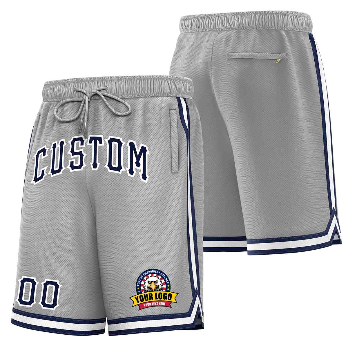 Short en maille de basket-ball de style classique gris marine-blanc personnalisé