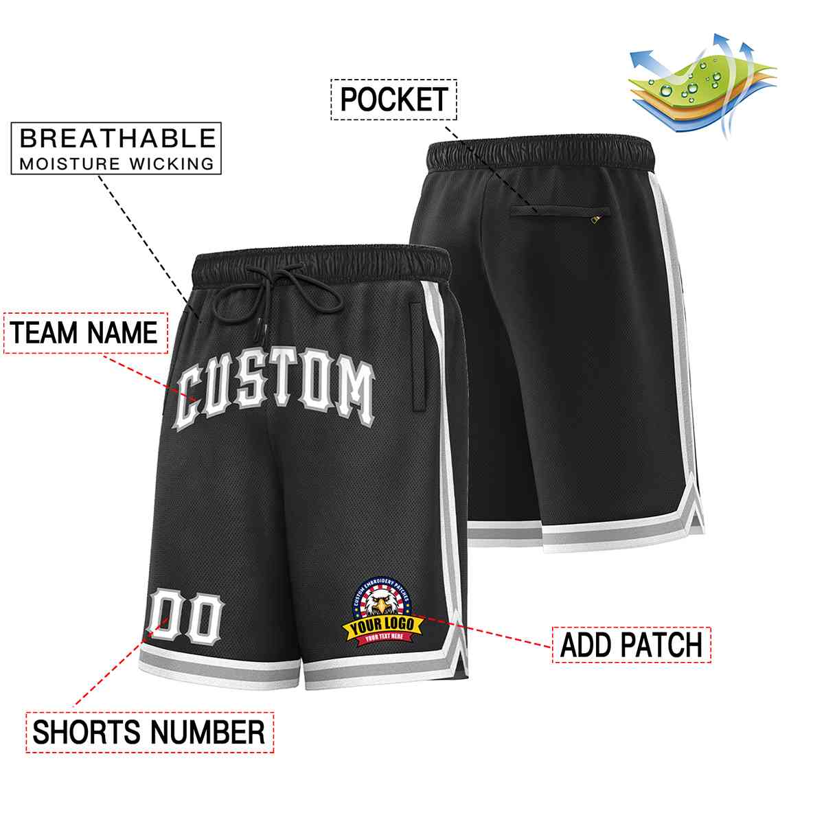 Custom Black White-Gray Classic Style Basketball Mesh Shorts